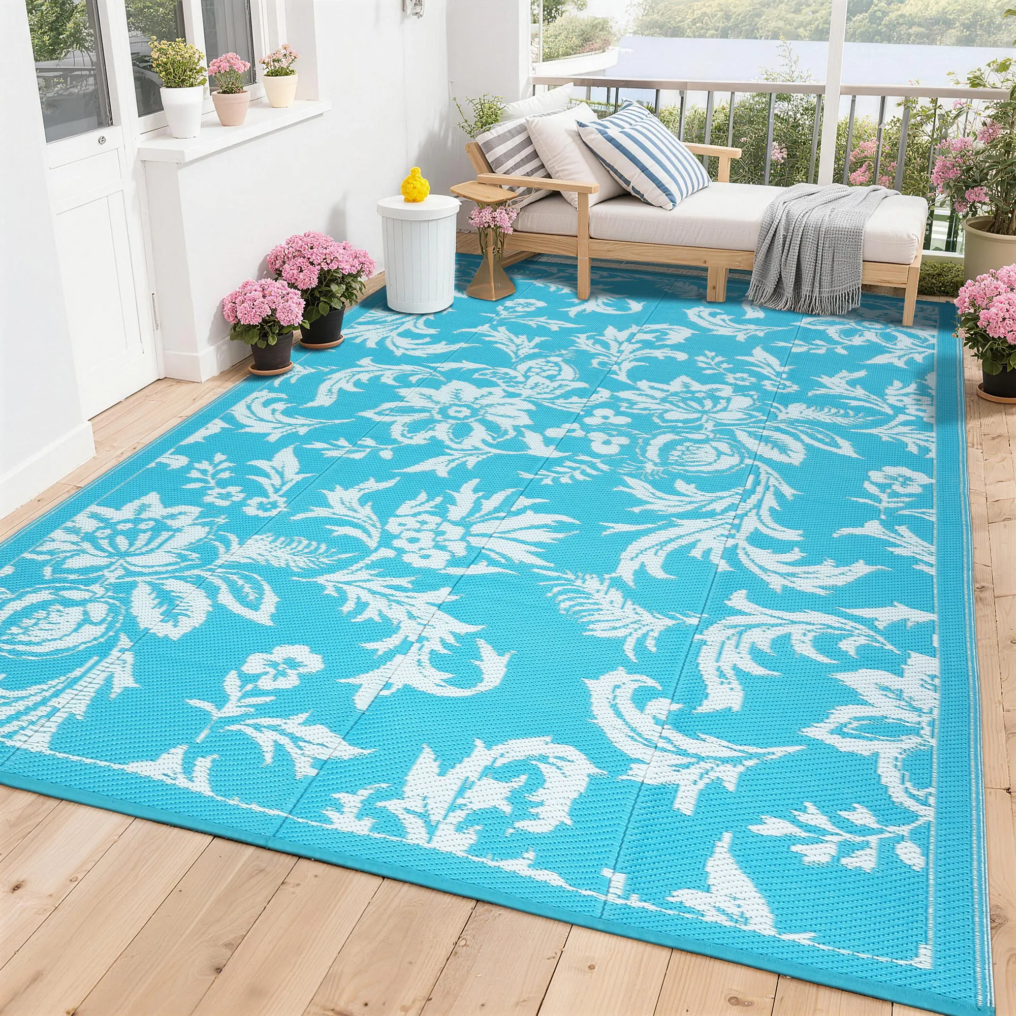 8x10 Outdoor Rug, Polypropylene Woven Patio Carpet with Branch Pattern, Lightweight Floor Mat for Patio Deck Balcony Porch RV, Light Blue White