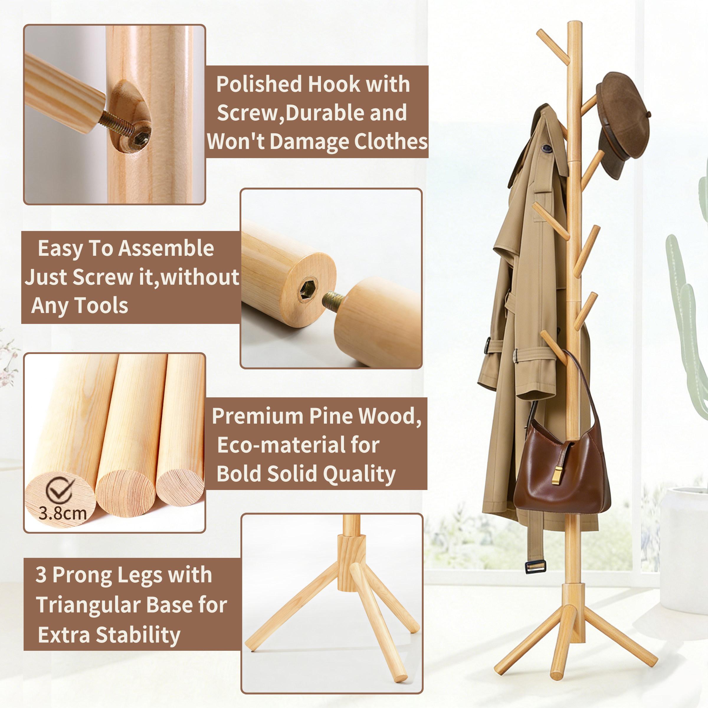 Coat Rack Sturdy Wooden Coat Rack Stand, Adjustable Coat Tree, Free Standing Tree Hanger with 4 Sections & 8 Hooks, for Home/Bedroom/Office/Hallway/Entryway