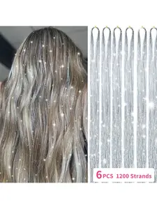 6 pcs Sliver Color Hair Tinsel,Hair Tinsel Kit for Women And Girls Fairy Tinsel Hair Extensions Holographic Hair Tinsel Heat Resistant Colored Hair Glitter Christmas Party Festival