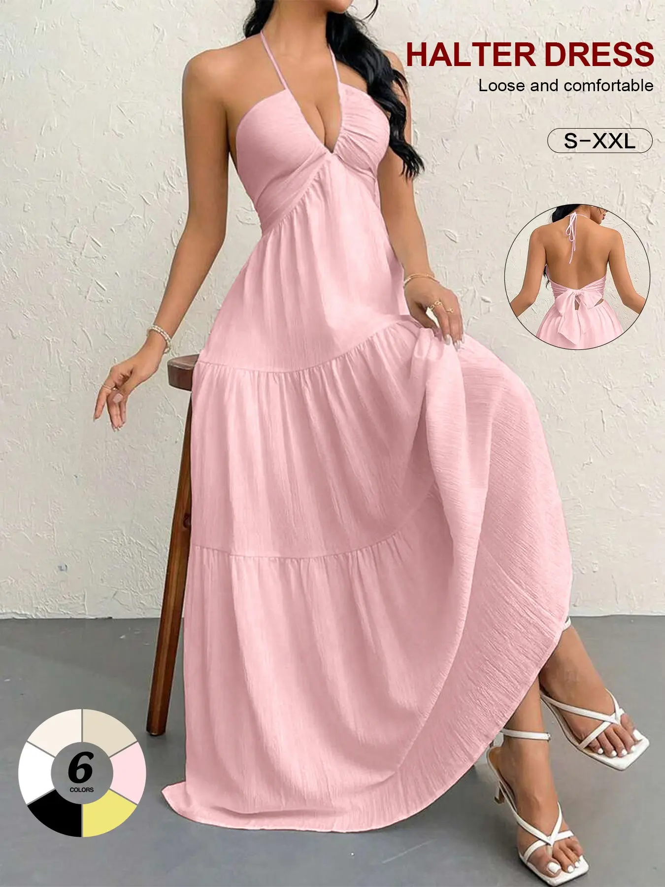 Halter-Neck V-Neck Maxi Dress with Back Tie, Pleated Tiered Flared Cake-Style, Flattering Long Beach Dress, 6 Colors, Sizes S–xxl