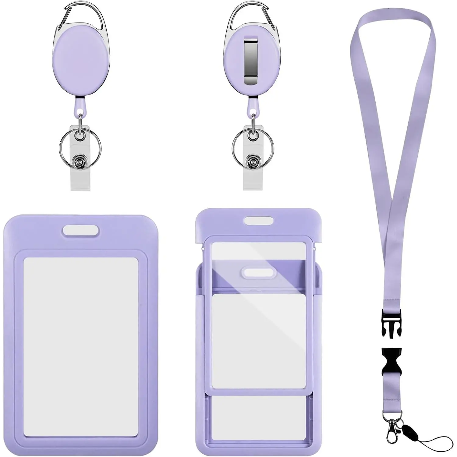 ID Badge Holders with Retractable Reel Clips and Lanyard with Release Buckle, Key Card Holder Nametag Protector for Nurse Office Teacher Doctor Student (Purple Vertical, Double-Sided Clear)