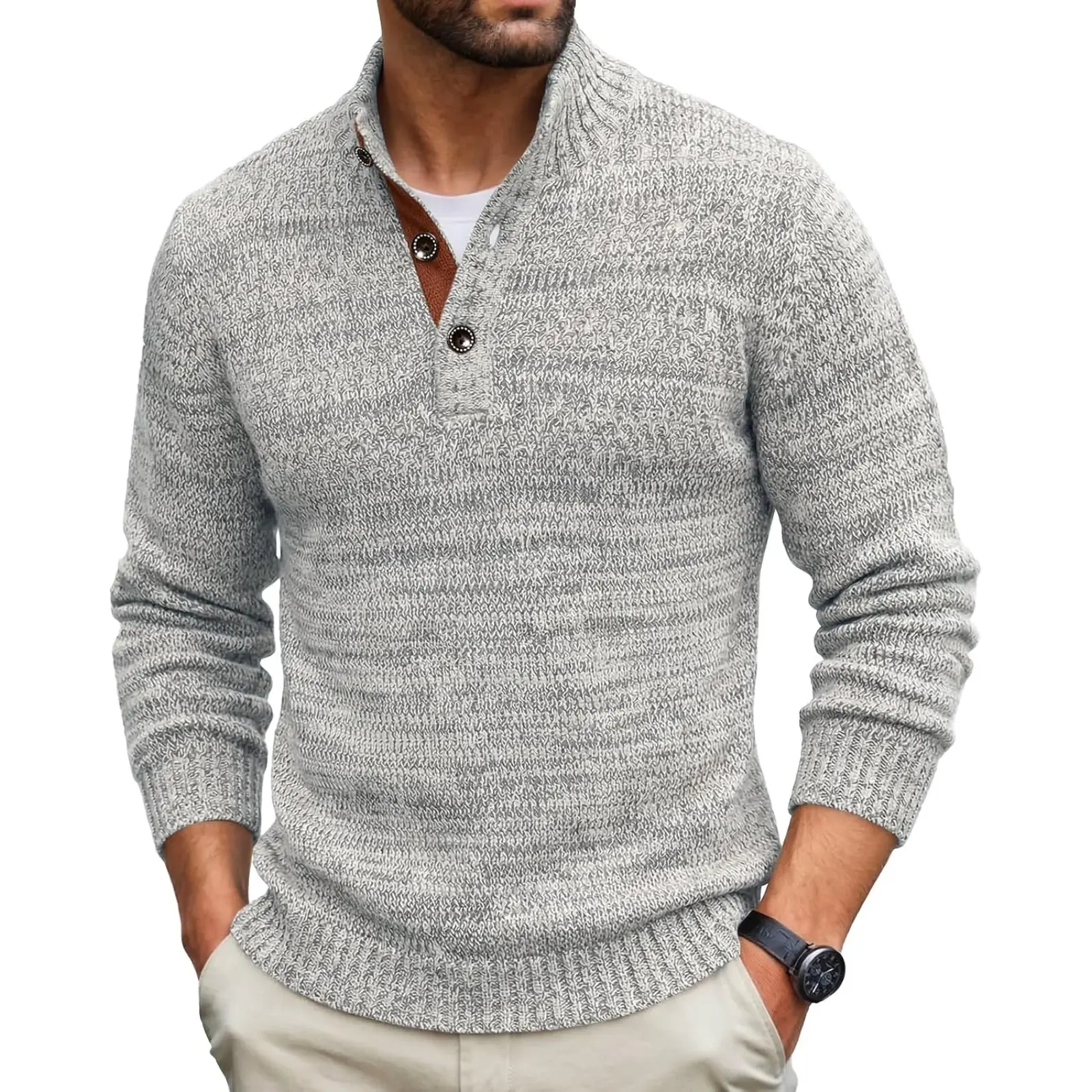 Runcati  Men's Stand Collar Sweater Thermal Button Pullover Sweater Tops Henley Knit Sweaters