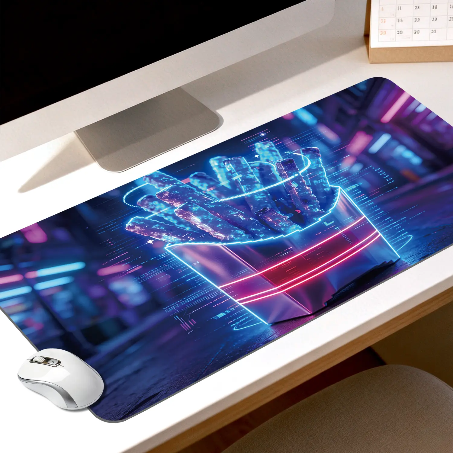 Premium Neon Digital French Fries Cyberpunk Illustration High Quality Mouse PadModern Office Gaming Comfort ExperienceNon?Slip Durable For Daily Work And Play 40*80cm 40*90cm30*70cm