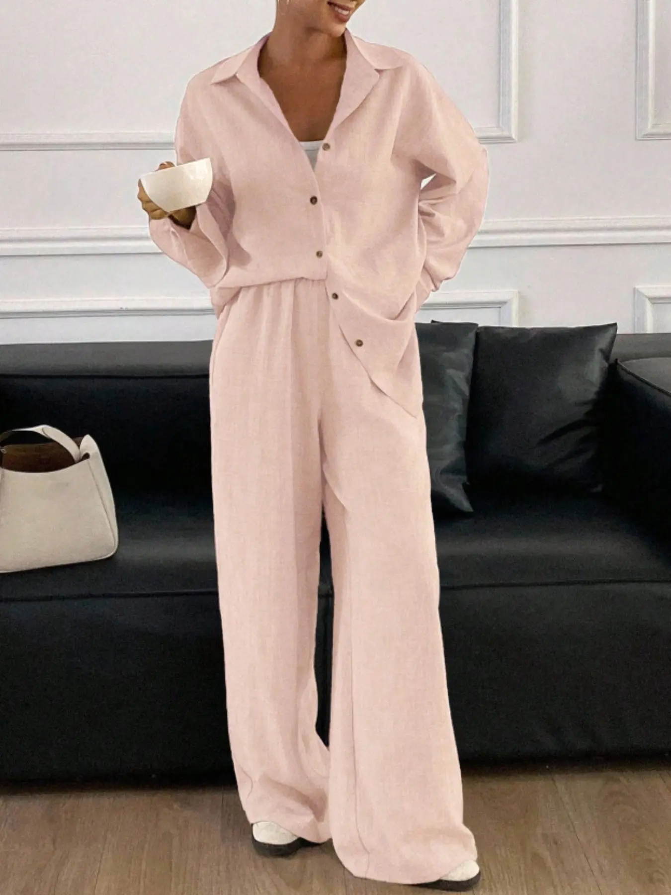 Women's Loose Oversize Long Sleeve Shirt and Wide Leg Pants Set, Solid Color, Lapel Single Button, Casual Spring & Fall