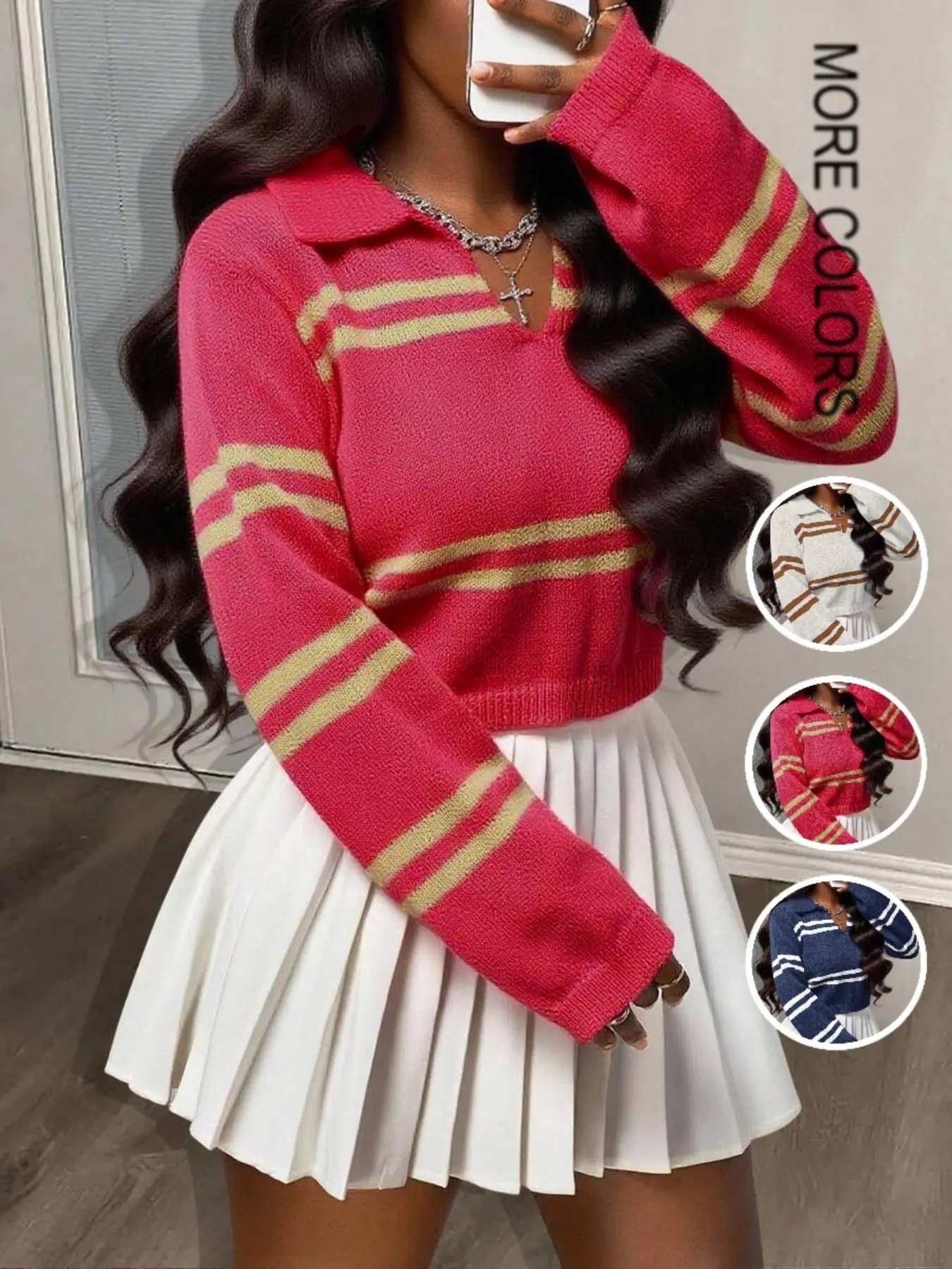 Striped Polo Neck Pullover Sweater for Women, Fall Winter New Arrival, Loose Fit Slimming Long Sleeve Top, Collared Knit Top, Elegant Casual Fashion Knitwear