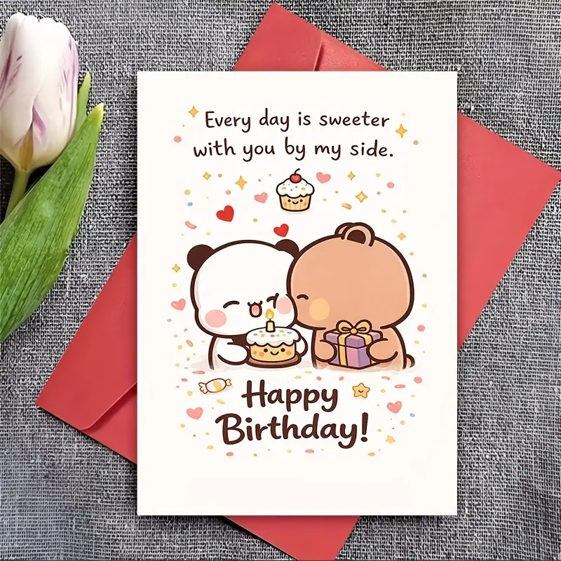1pc Cute Birthday Card with Envelope Sweet Couple Love Greeting Card Romantic Gift for Wife Husband Girlfriend Boyfriend Valentine's Day Christmas New Year Holiday Gift Idea