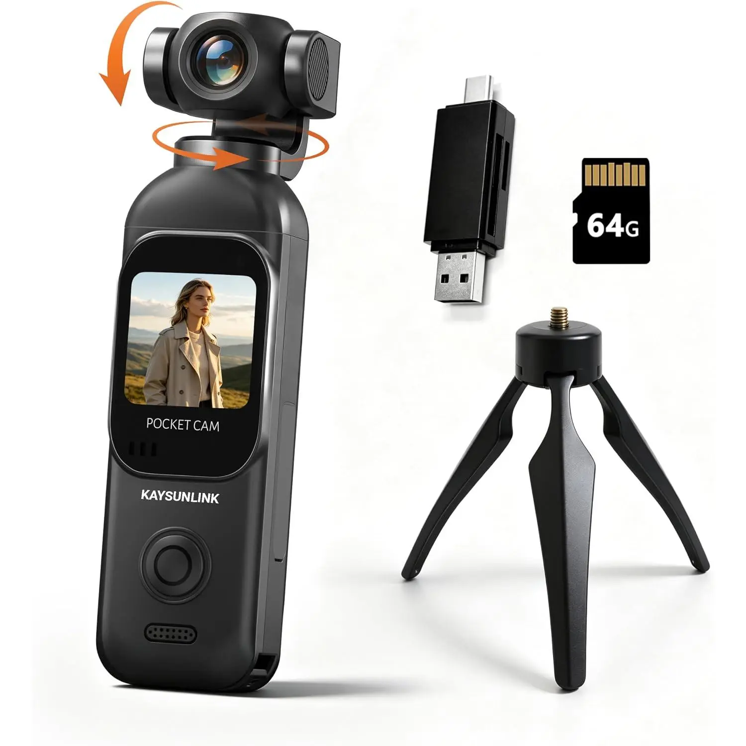 Unisex Adjustable Compact Outdoor 1080P Vlogging Camera - 270°Rotatable Lens, Touch Screen, WIFI, Rechargeable 5-Hour Power, Wireless 1-Button Recording, 64GB Card, Handheld POV Pocket Camcorder with Timer (Black)