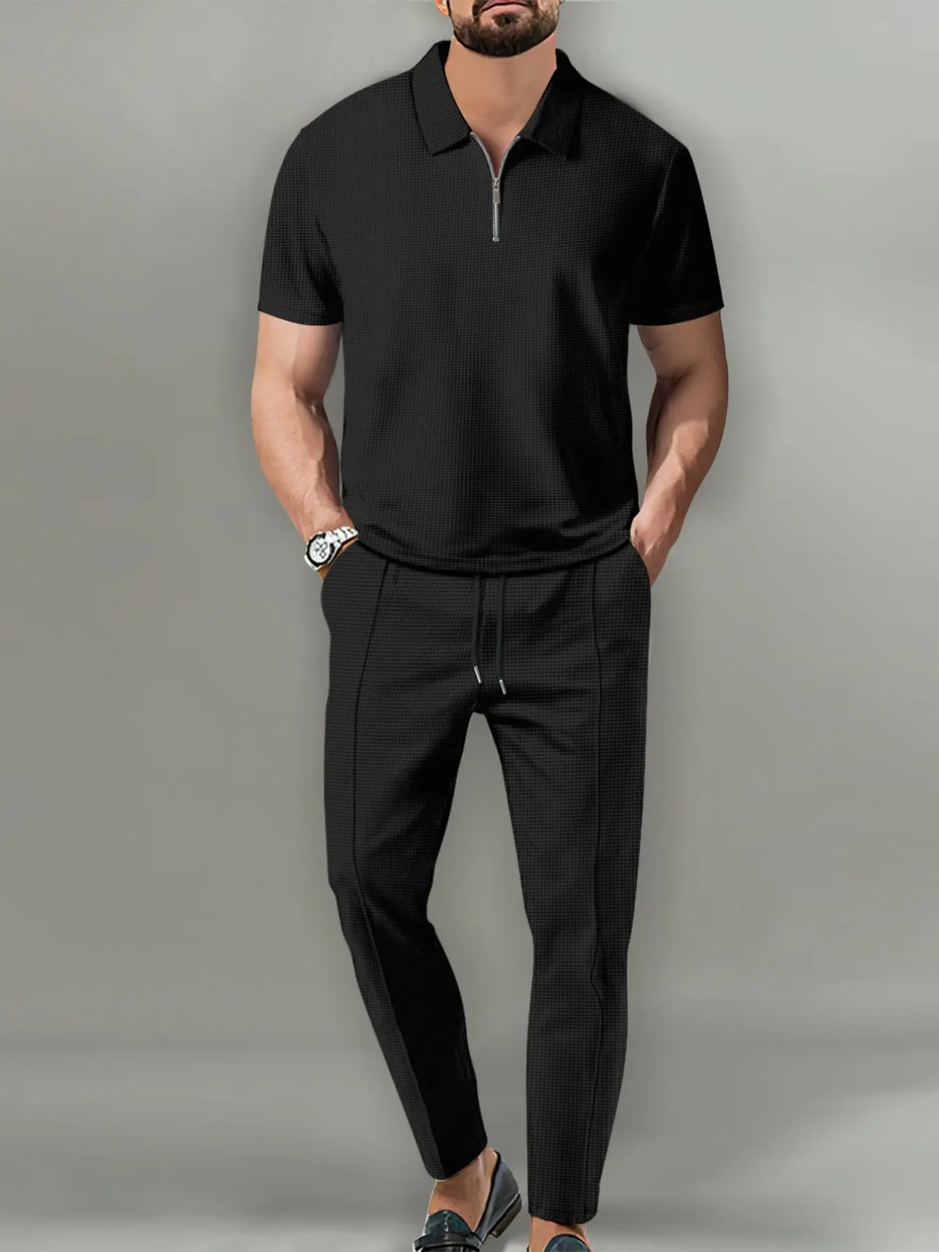 Summer Men's Waffle Half-Zip Polo Set, Breathable Texture Short Sleeve Top, Elastic Drawstring Nines West Pants, European Business Casual Clothing Set, Outfit Sets