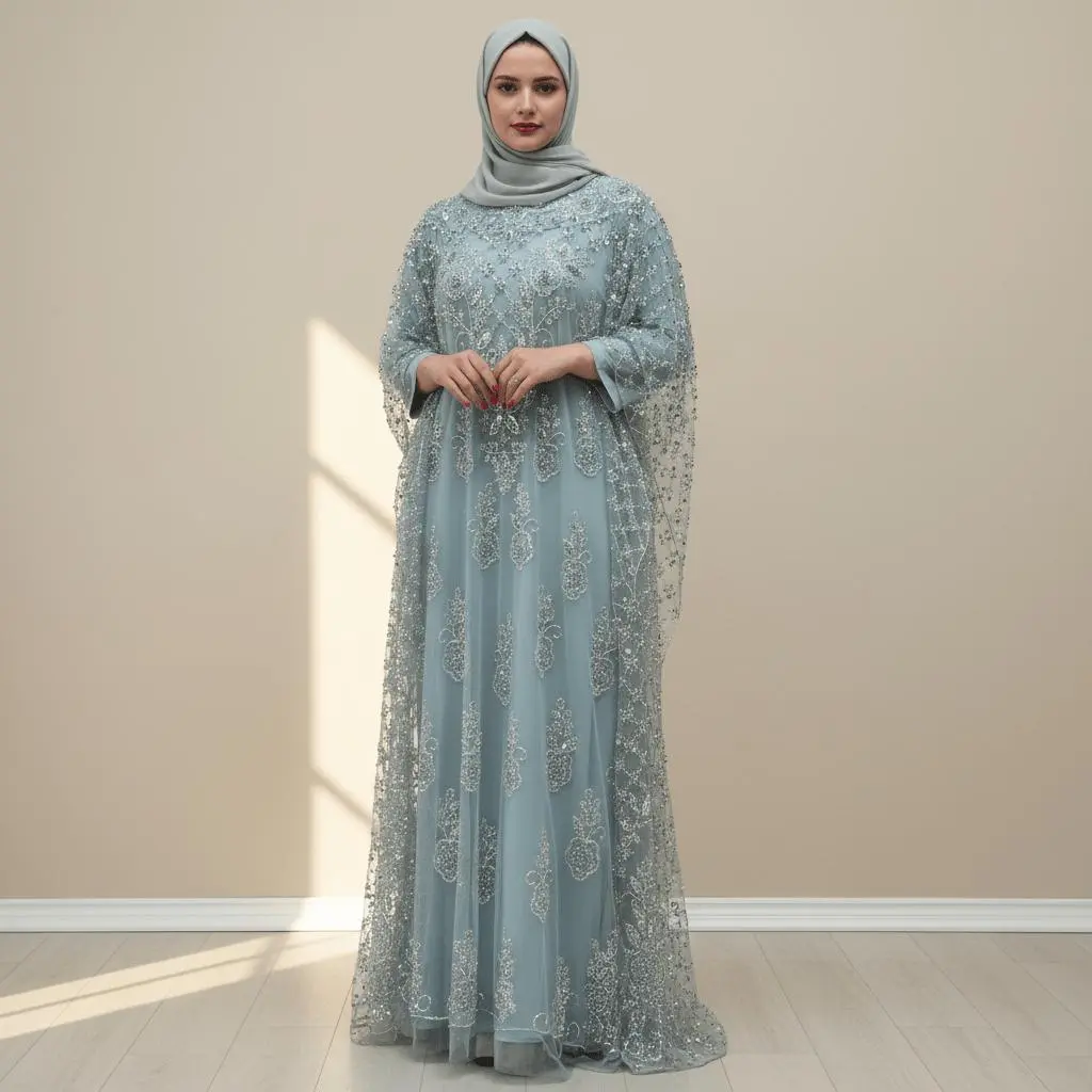Caftan Dress for Women, 2-Piece Islamic Clothing Set with Hand-Embellished Baroque Crystal & Sequin Overlay for Formal Events, Eid, Abaya Dress Set, Elegant Islamic Clothing, Women's Dresses, Stylish Women's Wear