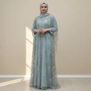 Crystal Embellished Abaya Set, 2-Piece Islamic Kaftan Dress with Tulle Cape Overlay & Modal Inner for Eid, Weddings, Muslim Dresses, Islamic Clothing Set
