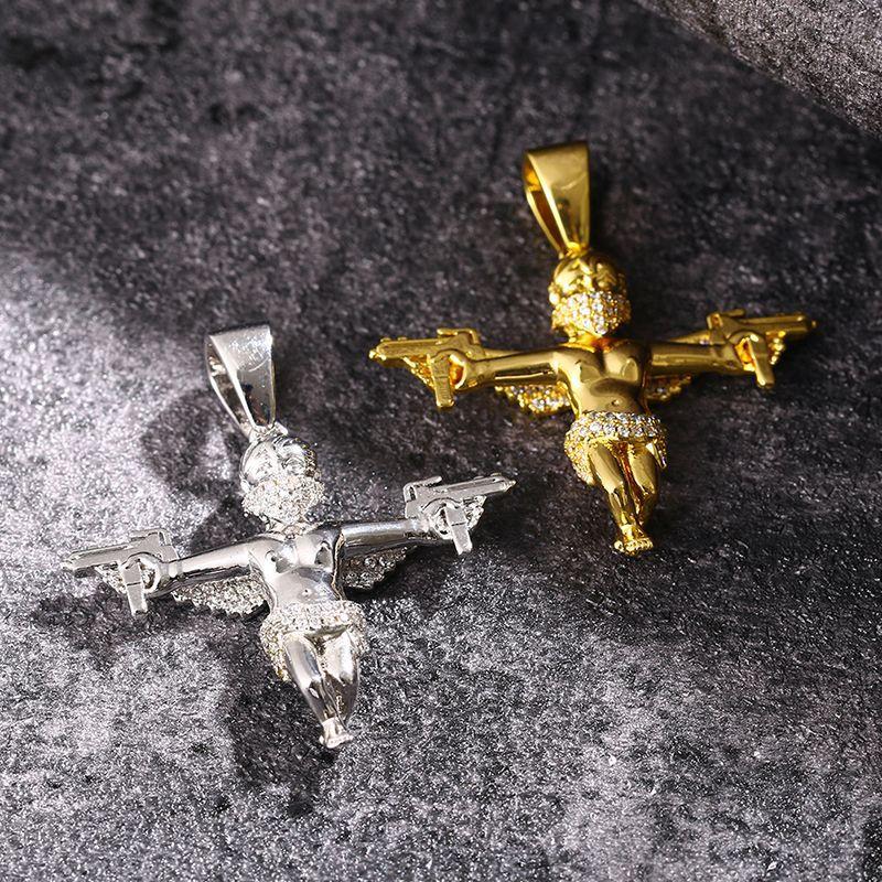 Hip-Hop Gold-Plated Masked Angel With Wings And Dual Swords Pendant Necklace, Solid Micro-Inlaid Zircon Jewelry