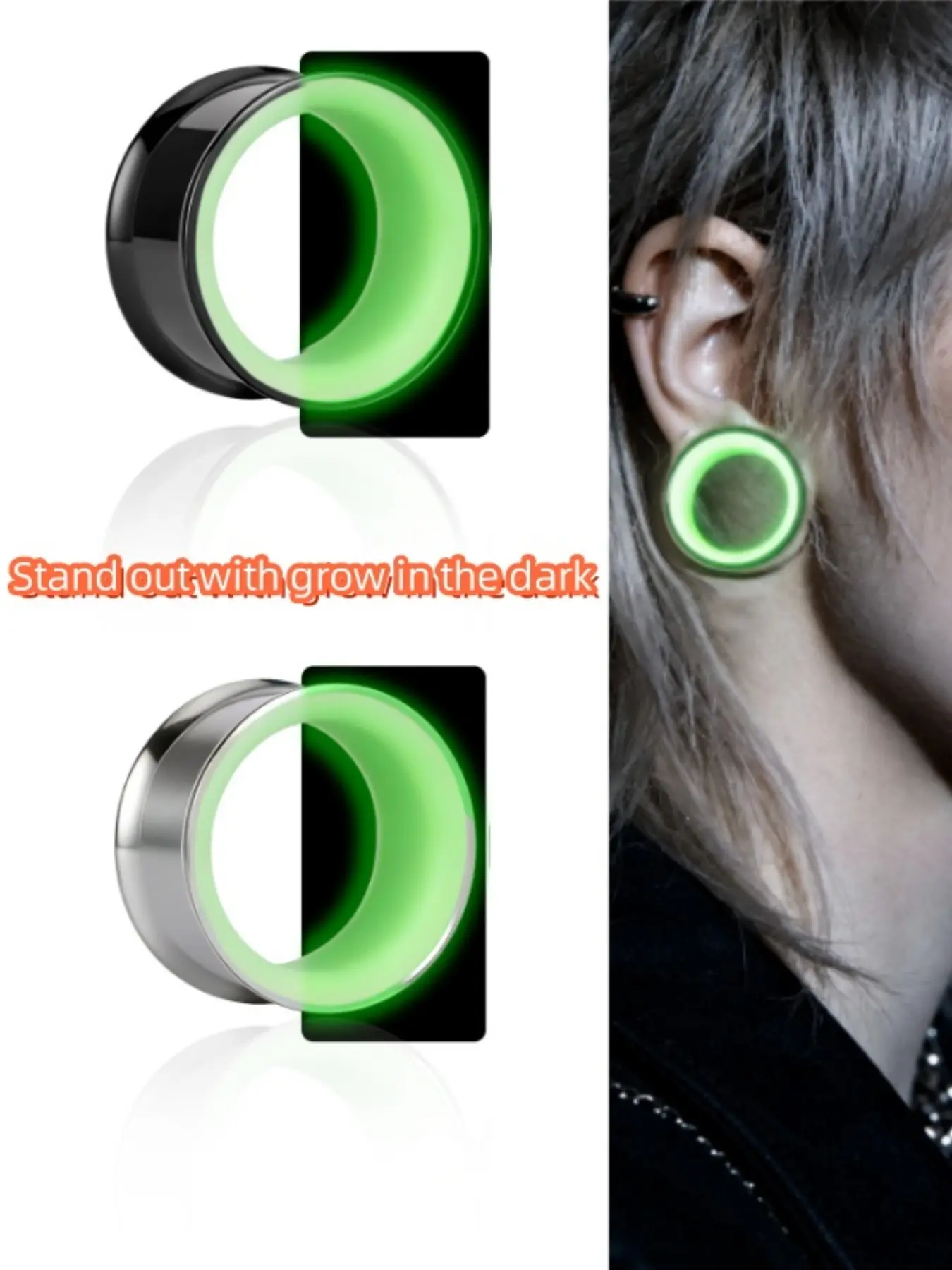 vanku 2pcs Glow in the Dark Cyberpunk Ear Tunnels, Two-Tone Stainless Steel, Boho Style, Daily Wear, All Seasons, Colorblock Design, Ear Accessories