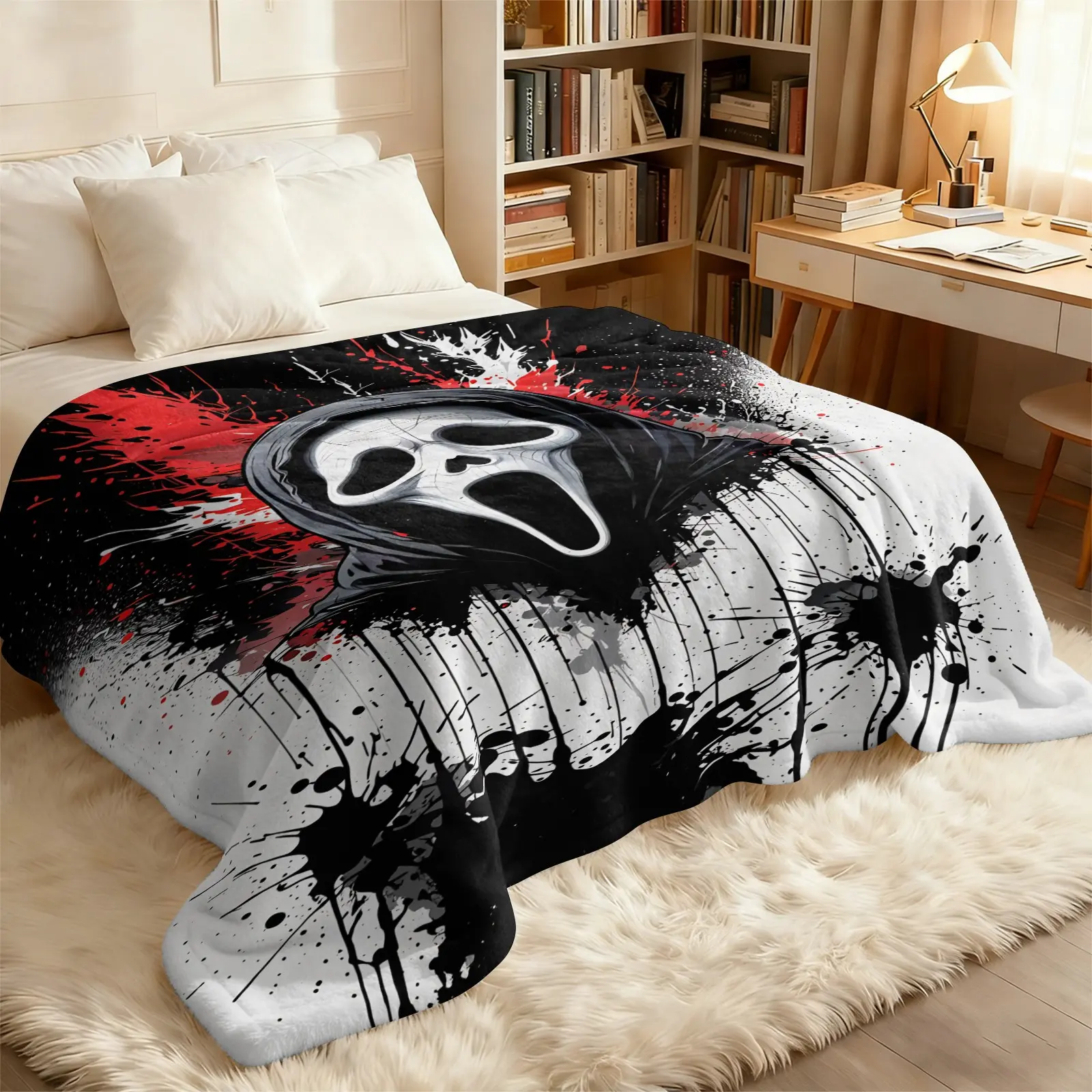 Scream Ghostface Red Black Splash Paint Horror Flannel Blanket, Oversized Multi-Functional Lightweight Air Conditioning Throw, Cozy Throw Blankets Soft Fleece for Home Napping Travel Camping Outdoor, Scary Halloween Gift For Horror Movie Fans