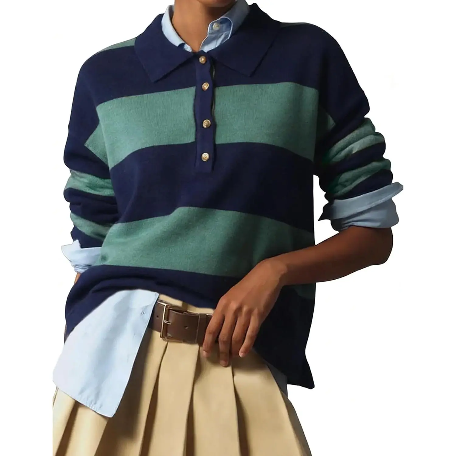 Wyeysyt Polo Sweater Women Rugby Shirt Striped Collared Sweaters| Long Sleeve,Knit Top,Rugby Polo,Casual,Back to School,Y2K,Preppy Shirts