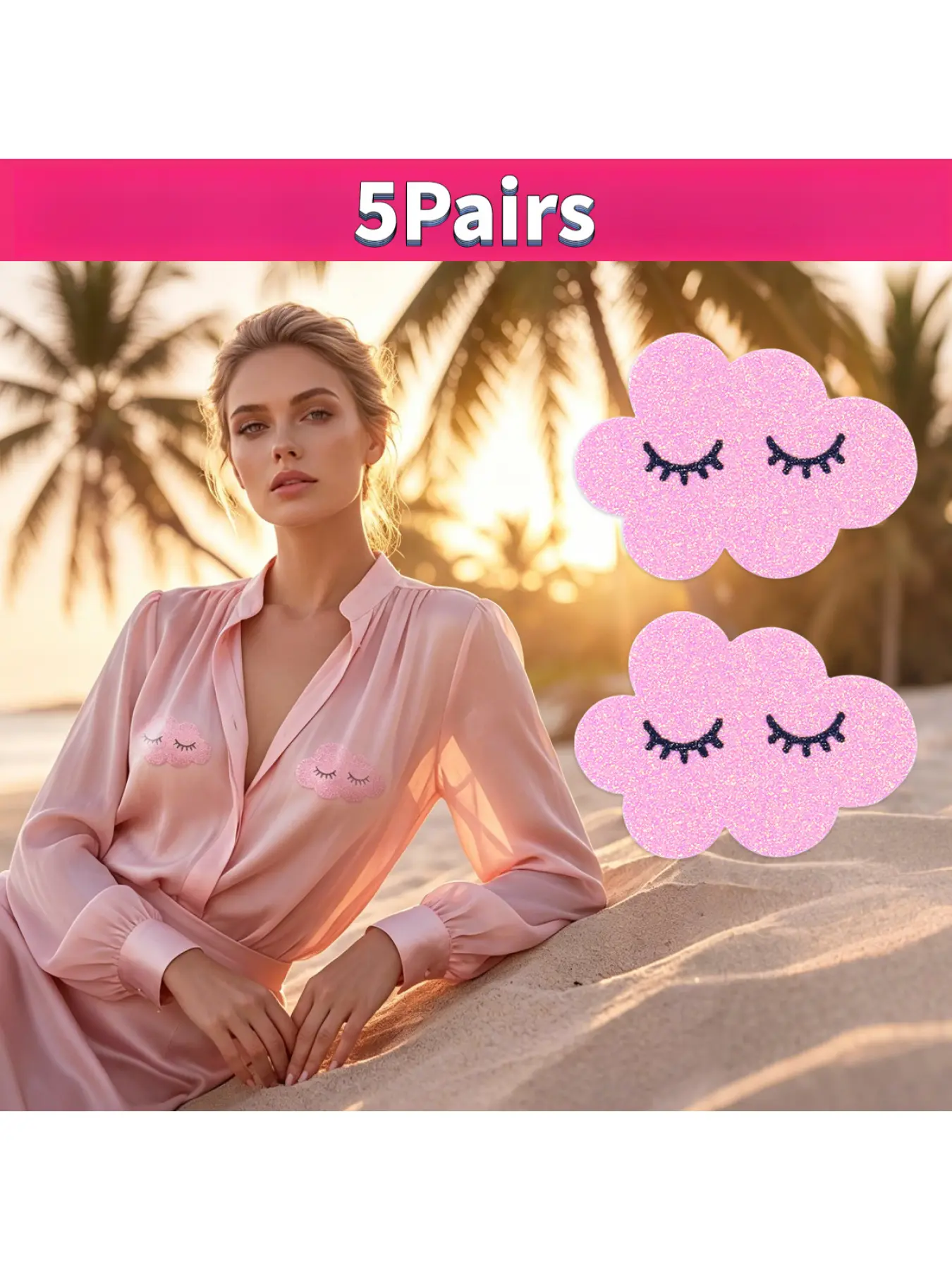 5 pairs of cute Japanese and Korean-style adhesive breast pads for girls, soft pink screen-printed cloud-shaped with closed eyes, glittery glitter adhesive breast pads, disposable