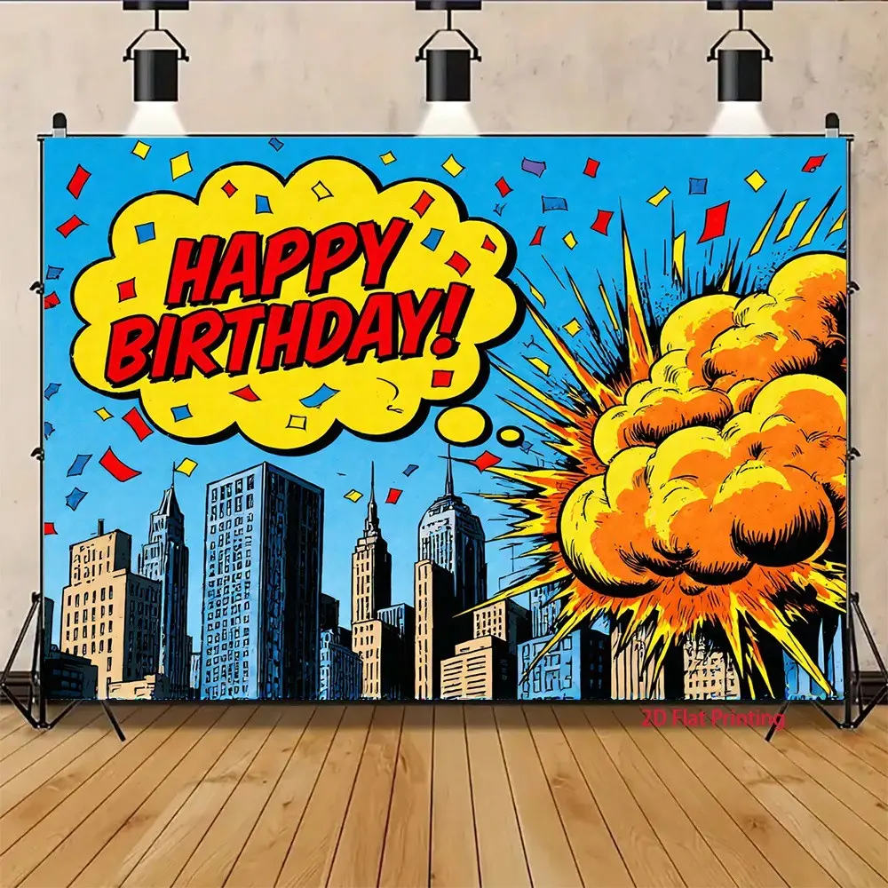 Vintage Comic Style Birthday Banner, Superhero Theme Party Decoration, Indoor Outdoor Wall Decor, Polyester Material, Happy Birthday Print