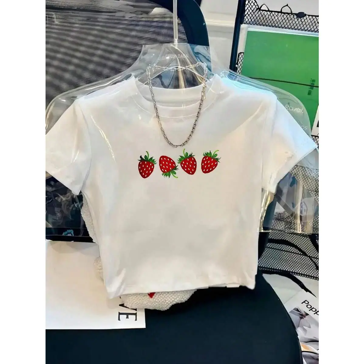 Women's Y2K White Strawberry Print Crop Top - Sexy Exposed Waist Short Sleeve Shirt, Lightweight Breathable Round Neck Casual Elegant Summer Top With Red Fruit Design, Machine Washable Women's Fashion Tee, Party Outfit, Streetwear Style, Comfortable Fit,