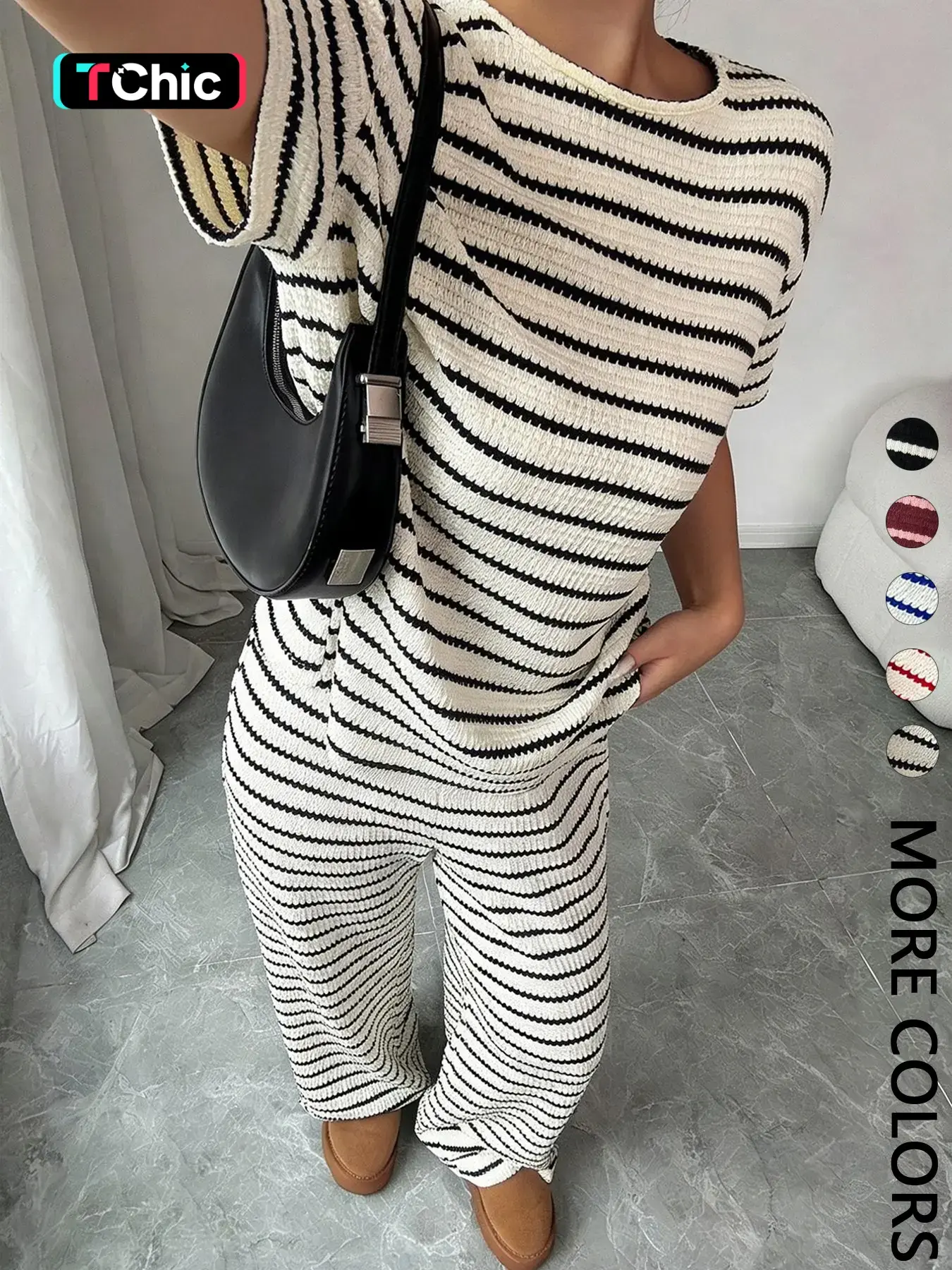 Women's Striped Short Sleeve Round Neck T-Shirt and Casual Long Pants, Casual Chic Set, Comfortable Home Wear, Essential Fashion Womenswear