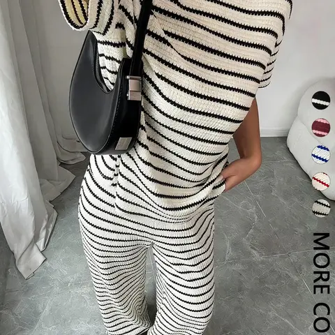 Women's Striped Short Sleeve Round Neck T-Shirt and Casual Long Pants, Casual Chic Set, Comfortable Home Wear, Essential Fashion Womenswear