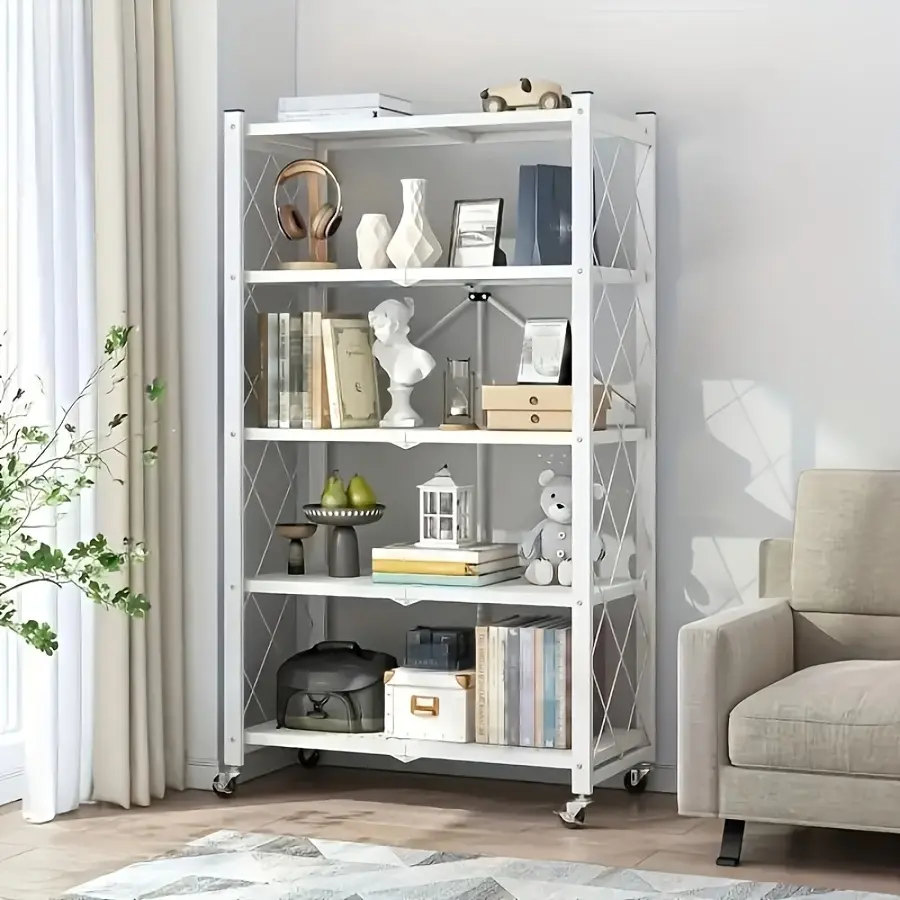 Wheeled Folding Bookshelves with 3, 4, Or 5 Layers for Organizing And Storing at Home, Requiring No Tools for Assembly. Ideal for Saving Space in The Kitchen, Living Room, Bedroom, Storage Room, And Garage