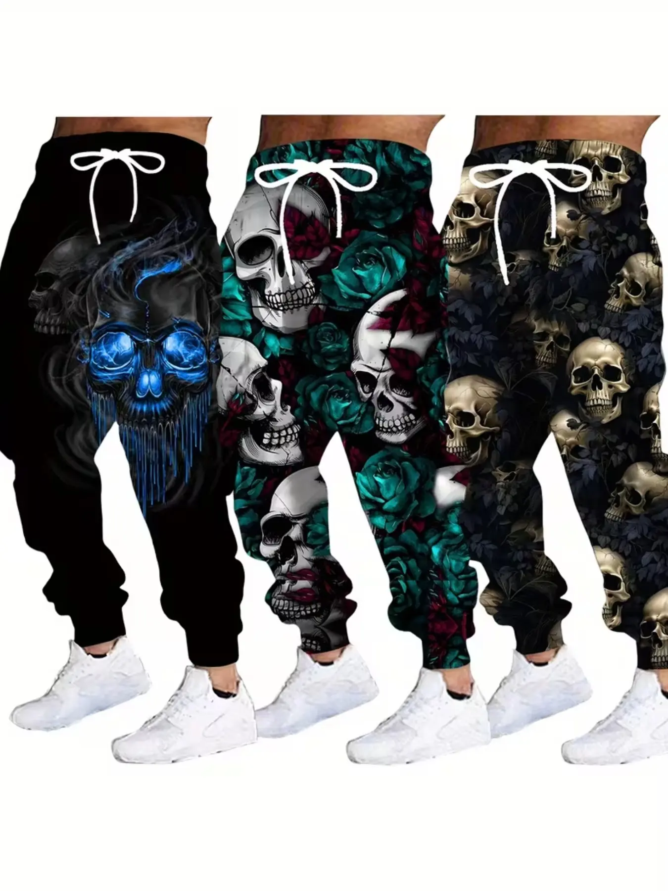 3-Piece Set Retro Floral Skull Digital Print Sweatpants, Fluorescent Rose Gold Skull Streetwear, Casual Fitted Ankle-Length Pants for Men, Casual Athleisure Pants