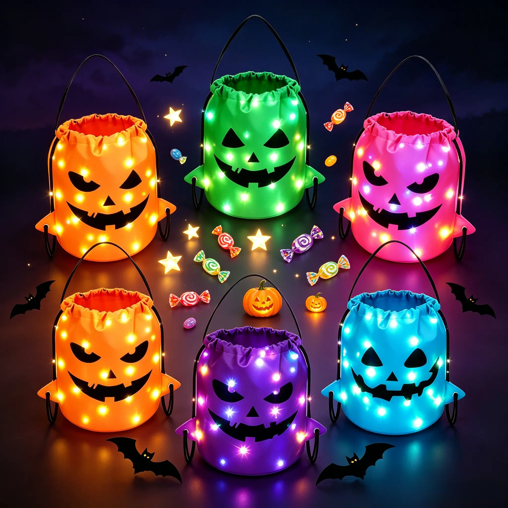 Halloween LED Light Up Pumpkin Trick or Treat Bags, Glowing Drawstring Handheld Candy Bucket for Kids Toddlers, Reusable Halloween Party Decor Gift Pouch, Boys Girls Halloween Costume Accessory Goodie Bag Multi Colors