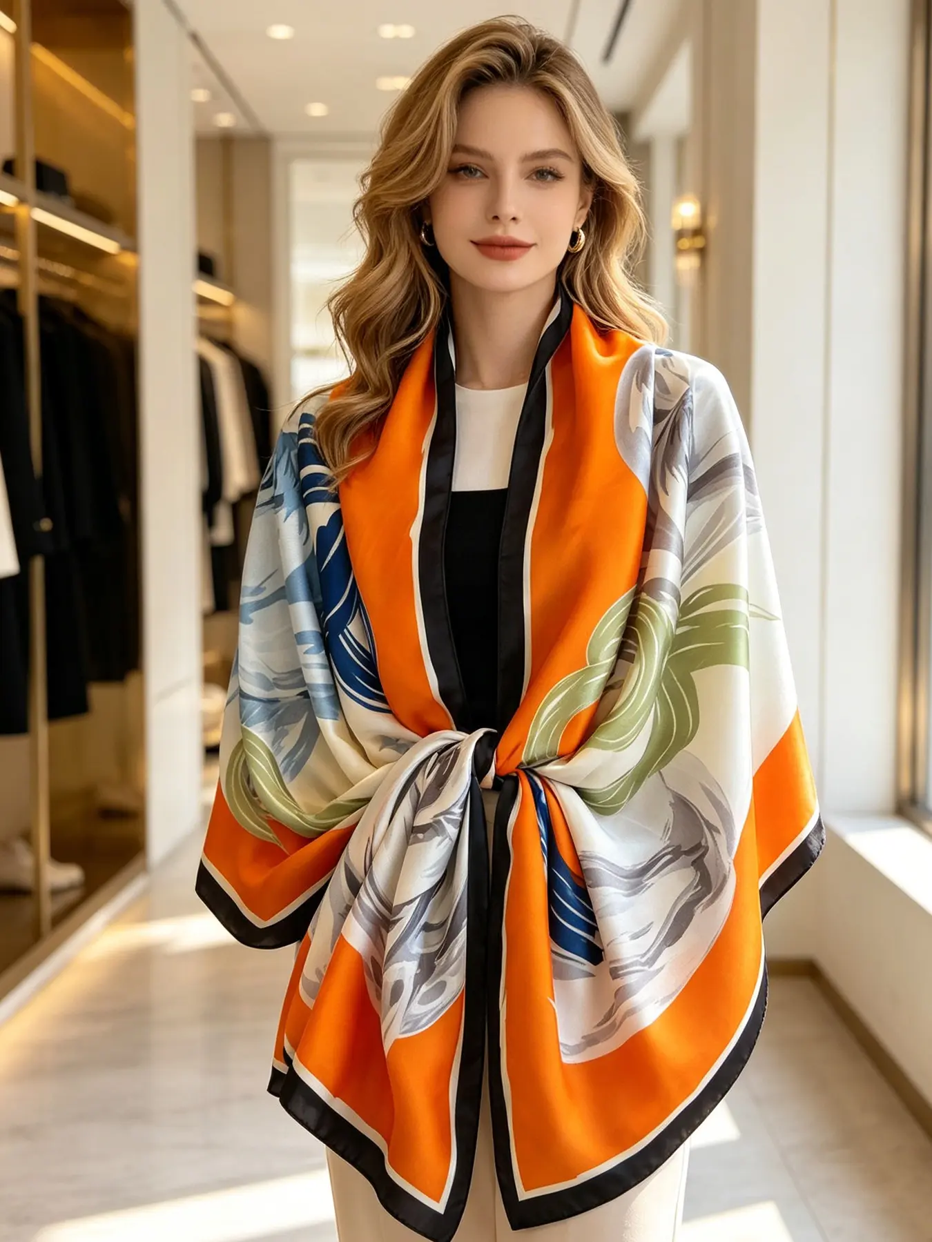 Blue Abstract Art Satin Shawl, Elegant Loose-Fitting Silk Scarf, Floral Pattern, All Seasons Accessory, Made in China