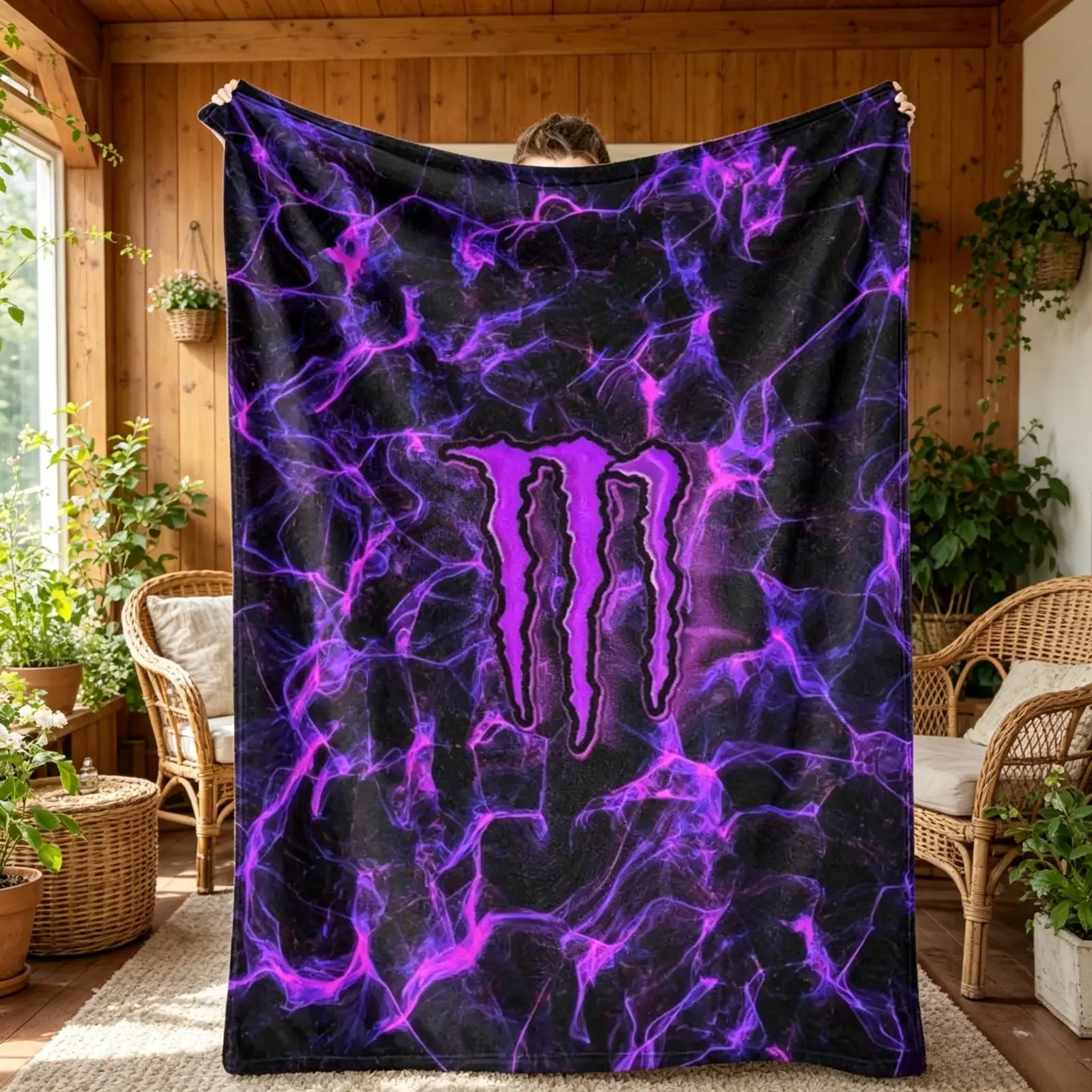 Purple Flannel Printed Blanket - Electric Energy Lightning Abstract Digital Print, Breathable Cozy Cooling, Soft Lightweight AC Blanket, Birthday Gifts, Sofa Use, All-Season Home Decor for Adults, Birthday Gifts Blanket