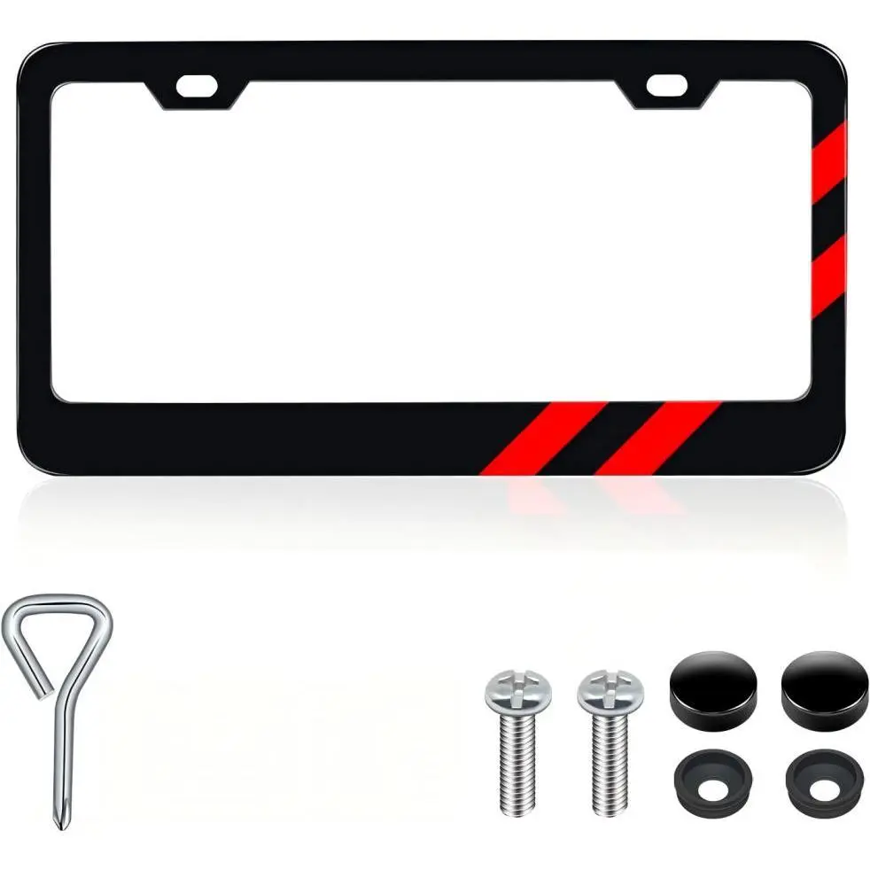 1PC Matte Aluminum License Plate Frame - Rust-Proof, Solid Dodge Charger/Challenger/Durango Accessories, Universal Front & Rear License Plate Cover (Red Trim), Car Accessories