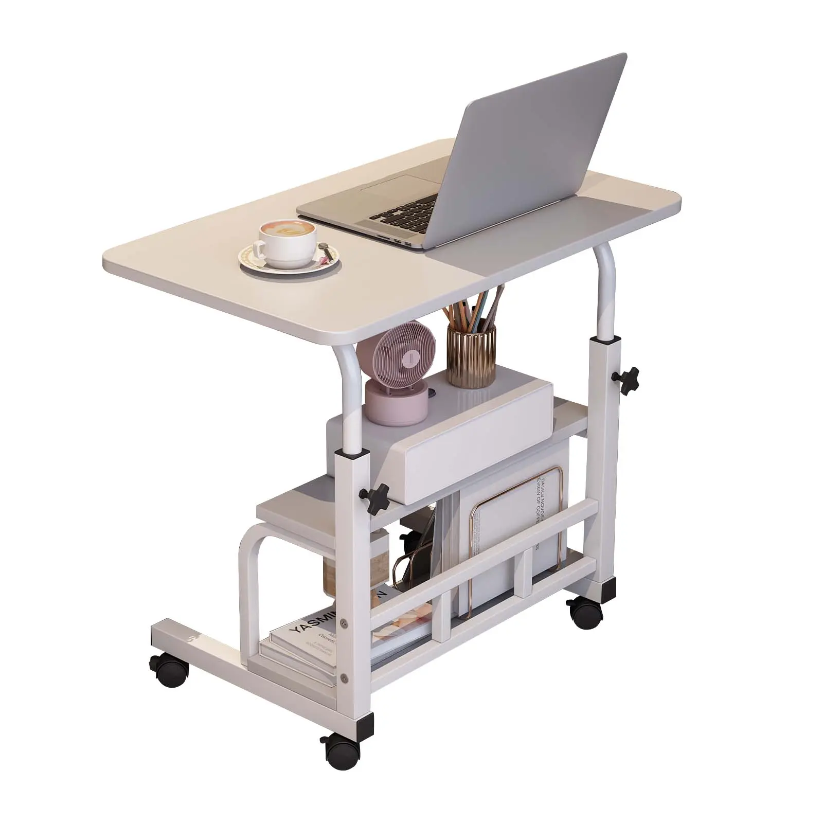 Garvee Adjustable Height Standing Desk – Rolling Laptop Table with Lockable Wheels, Ergonomic Compact Workstation with Storage Shelves for Home Office, Bed, Sofa, or Small Spaces – White/Walnut, Multiple Sizes