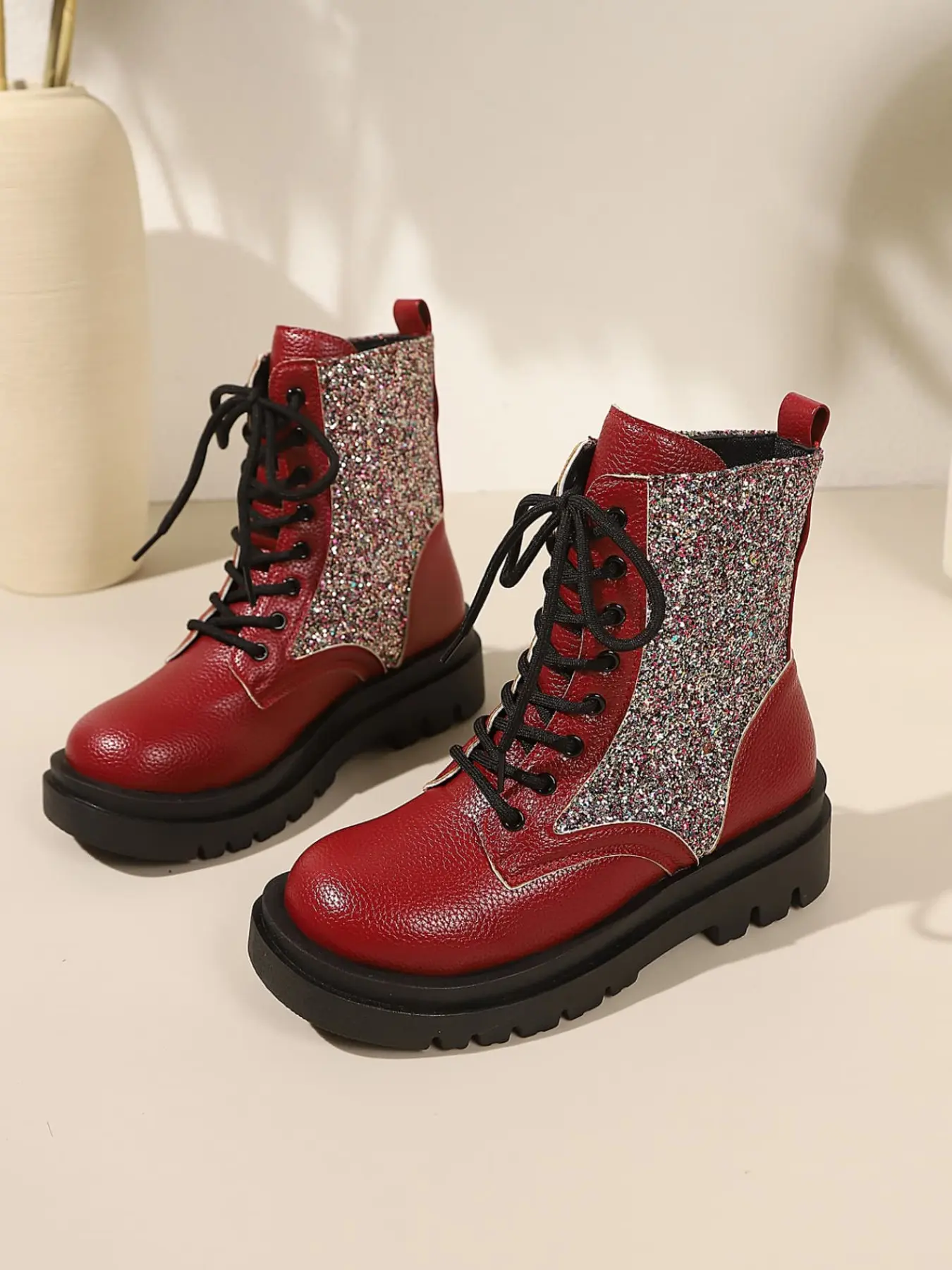 Sparkle Glitter Platform Combat Boots, Closed Toe Leather Patchwork, Cushioned Soft Insole, Sturdy Anti-slip Outsole, Ideal for Parties, Themed Gatherings, Festival Activities, Statement Evening Footwear