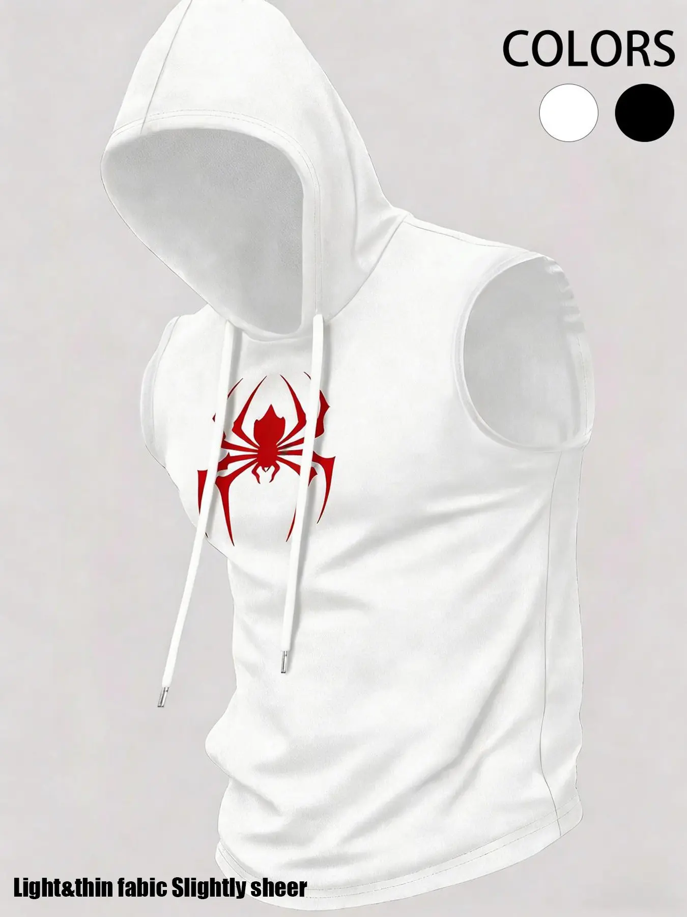Men's Spider Print Design Hooded Neckline Sports Vest, Sleeveless T-Shirt with Spider Pattern, Regular Length, Fitness or Casual Wear, Sport Vests, Sleeveless Gym Tops, Casual Sporty Vest, Sleeveless Workout Vest, Gym Clothes Workout
