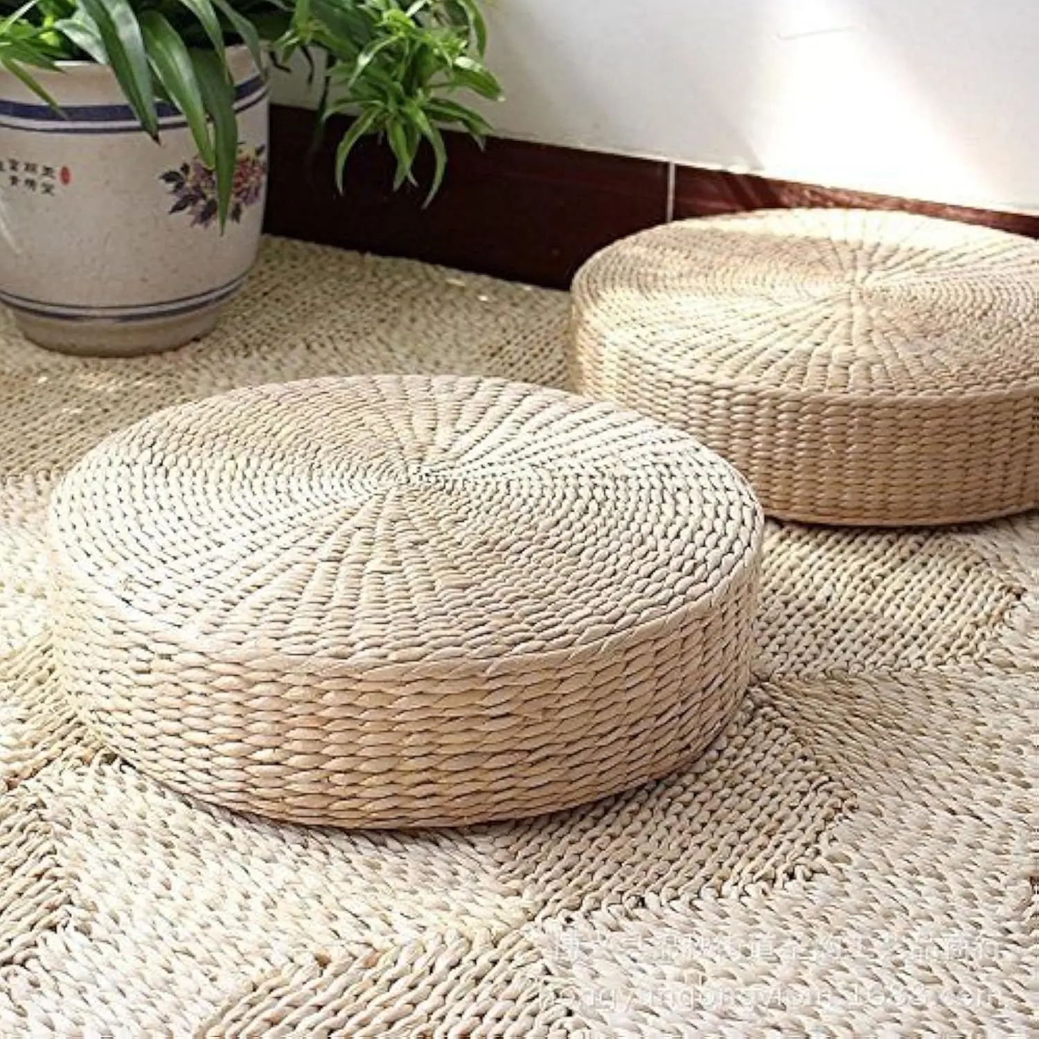 Japanese Style Handcrafted Eco-Friendly Padded Knitted Straw Flat Seat Cushion,Hand Woven Tatami Cushion Corn Maize Husk (Dia40cm/15.8" x 10cm/4")