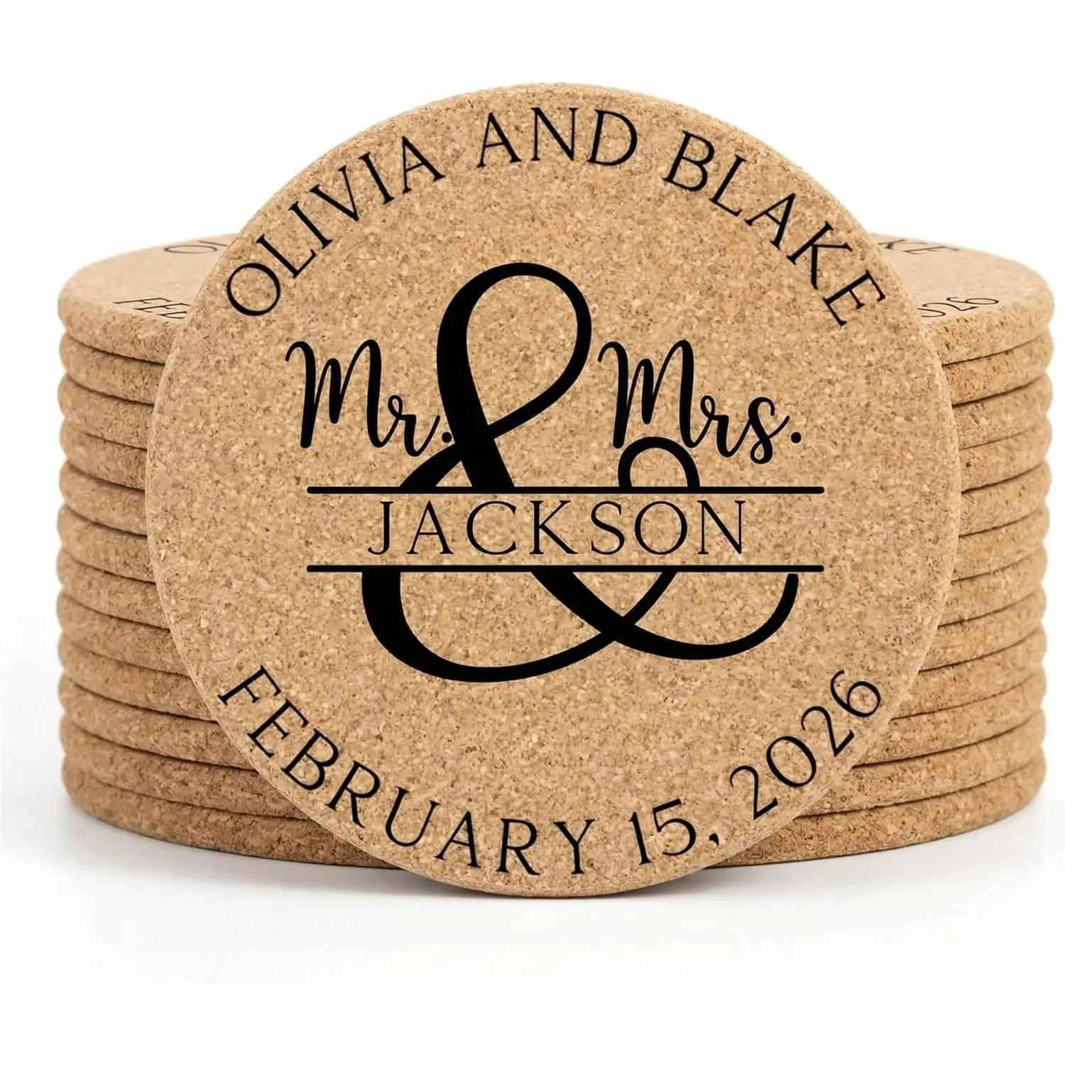 Set of 30-100 Personalized Cork Coasters | Monogrammed Mr & Mrs Wedding Coaster Favors | Custom Engraved Cork Coaster Set | CC104