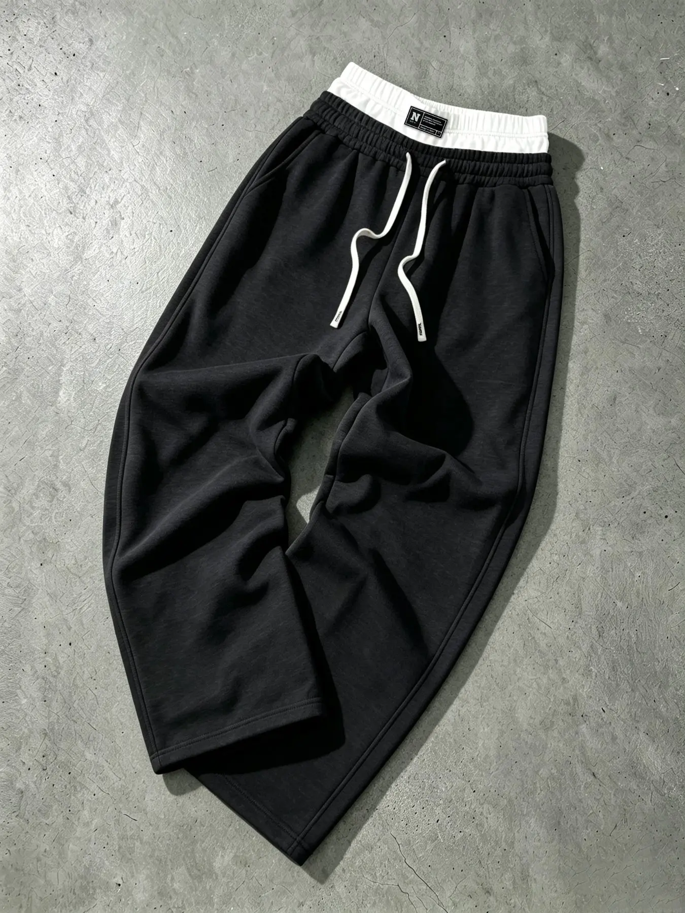 Y2K Minimalist Skater Mens Double Waist Layered Sweat Pants Black Loose Wide Leg Culottes Breathable Anti Shrink Thin Cotton Fabric Elastic Drawstring Waist Hidden Side Pocket Plain Non Fleece Casual Bottoms For Campus Daily Night Out Fitness Loungewear S