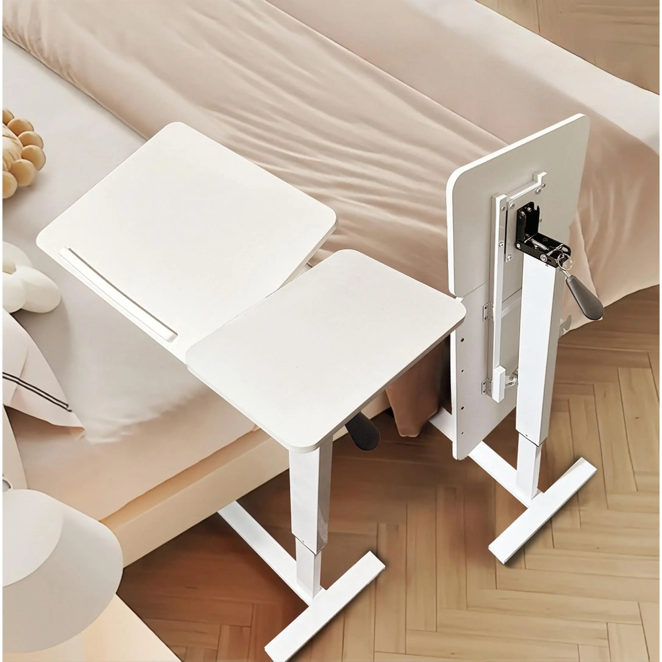 Nokaa Overbed Bedside Desk Mobile Rolling Laptop Stand with Wheels, Height Adjustable Tilting Tray Table for Bed Sofa Side Table, White, Modern Bedroom Furniture for Small Spaces, Dorm, Apartment
