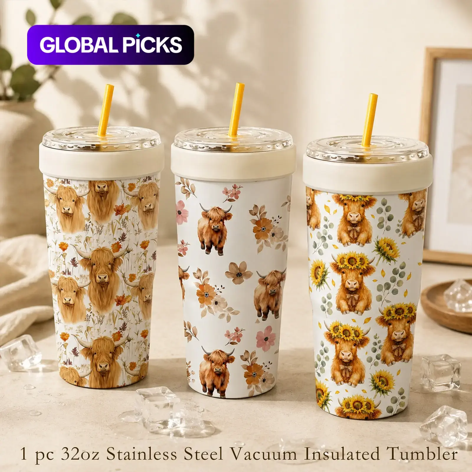 1 PC Cute Highland Cow Floral & Sunflower Print 2-in-1 Insulated Can Cooler, Includes Tumbler Lid, Converts to Travel Tumbler, Double Wall Vacuum Stainless Steel, Fits Most 16-24oz To-Go Coffee & Bubble Tea Cups, Perfect for Halloween, Christmas & Daily U