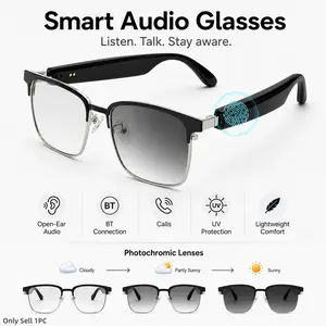 Photochromic Smart Glasses Bluetooth, Open-Ear Wireless Audio, Music & Calls, UV Protection, Lightweight Smart Eyewear for Men Women Cycling Running Driving, Photochromic Lens, Magnetic