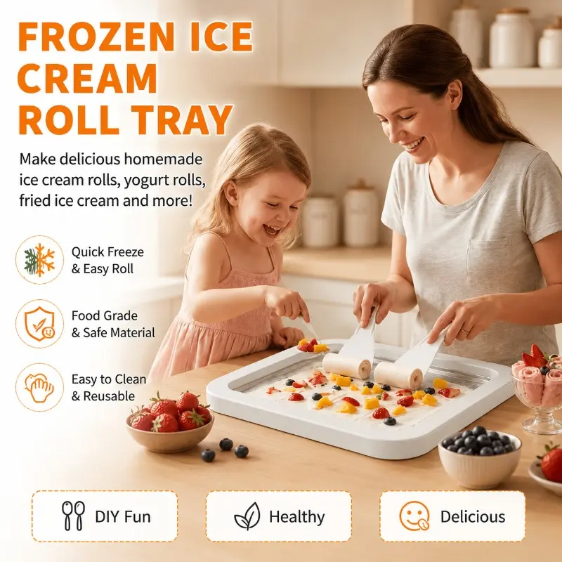 Frozen Ice Cream Roll Tray, DIY Homemade Ice Cream Maker Pan with Spatulas, Quick Freeze Easy Roll Dessert Rolling Tray for Yogurt Rolls, Sorbet, Gelato, Fried Ice Cream, Fruit Treats and Family Kitchen Fun