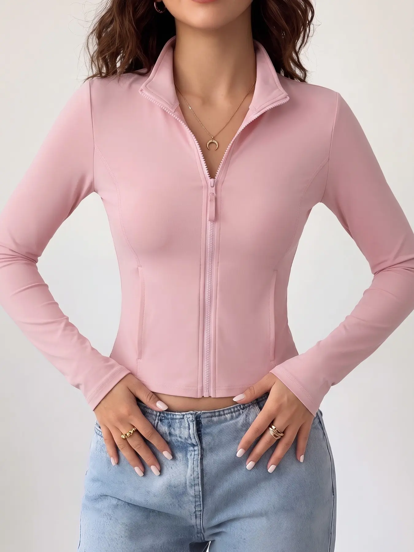 Snatched Sculpt BBL Jacket Yoga/Gym/Daily Streetwear Solid Pink Stand Collar Zip Cropped Long Sleeve Slim Fit Breathable Lightweight Body Shaping Athletic Outerwear Crop Jacket Women Casual Athleisure Trendy Layering Coat With Practical Side Pockets