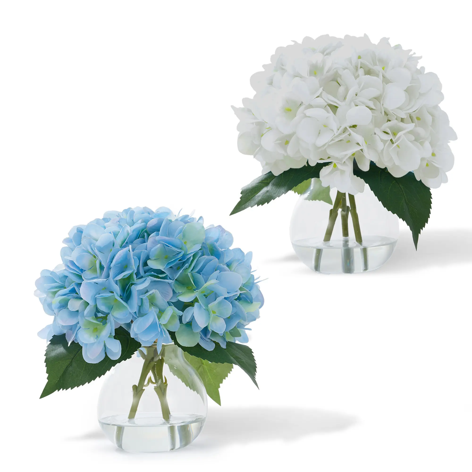 Realistic Silk Hydrangea Flower Arrangement Set – 2 Artificial Hydrangeas in Glass Vases with Faux Water – Perfect for Home, Office, Bathroom, Table Centerpiece