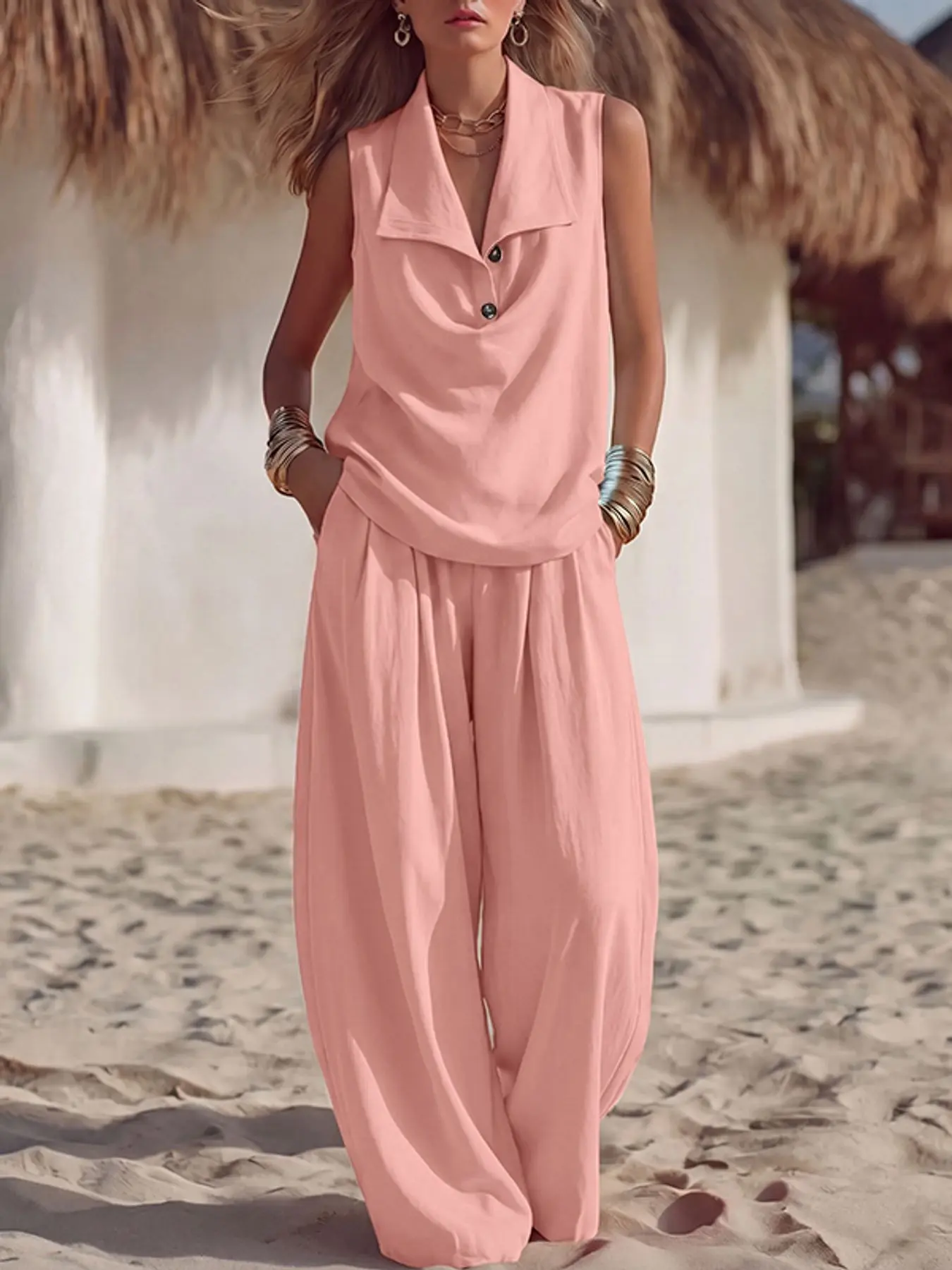 ZANZEA Women's Lapel Button Loose Solid Sleeveless Top and Pleated Long Pants Set, Two-Piece, European and American Style, Casual Fashion, Chic, Womenswear