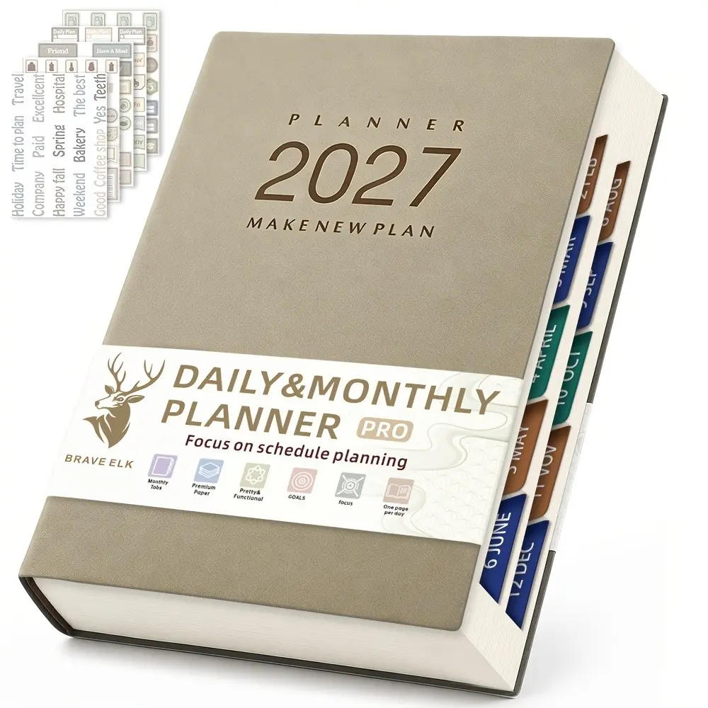 2027 Daily Planner Binder Set, includes 1 planner & 5 planning stickers, featuring habit tracking, monthly planning and daily time management pages for productivity, goal planning, Schedule Organizer, ideal for students, professionals