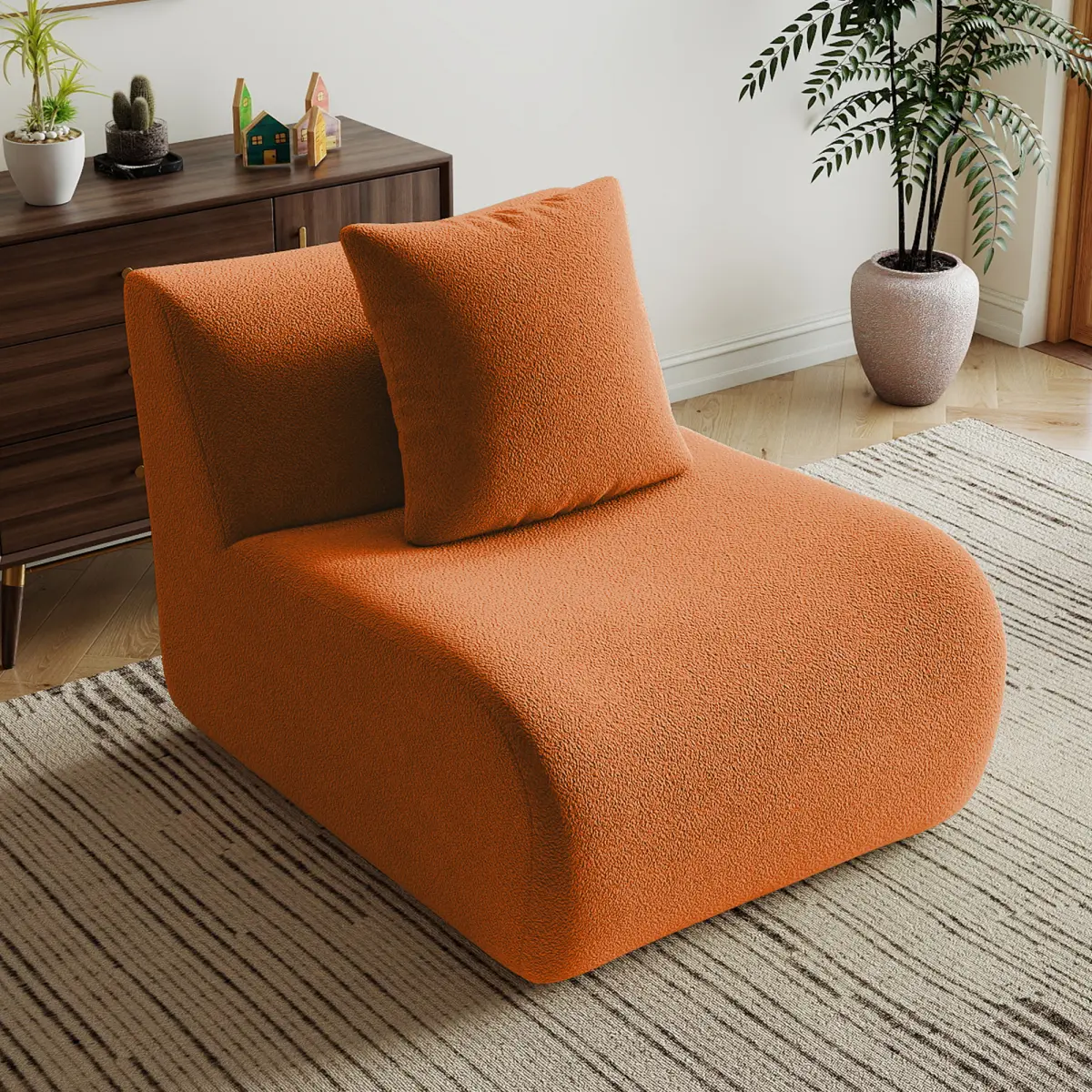 Teddy Fabric Armless Comfy Sectional Sofa Couch - Cotton Pillow, Non-Slip Base, Vacuum-Packed, Wrinkle Res., Durable Indoor Furniture, Curved Arms Compatible, Single Box (Orange, 32.68 x 40.94 x 35.43 inches), Comfy Couch, Sofa Sectional Couch