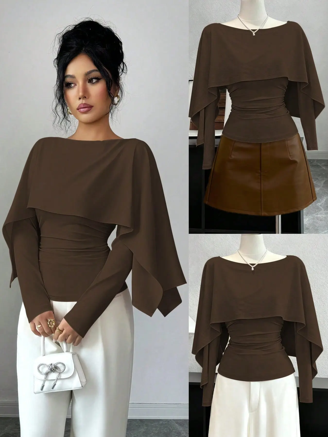 New Women's Shawl-Style Long Sleeve Elastic Knit Top, Youthful Elegance, Daily Wear, Waist Cinch, Tall and Slimming Effect