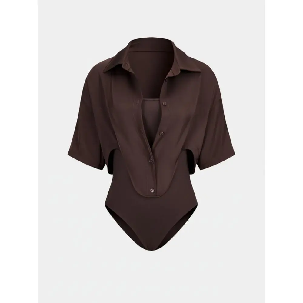 Trendy Women Two‑Piece Set Collared Short Sleeve Cropped Shirt+Stretchy Solid Bodysuit