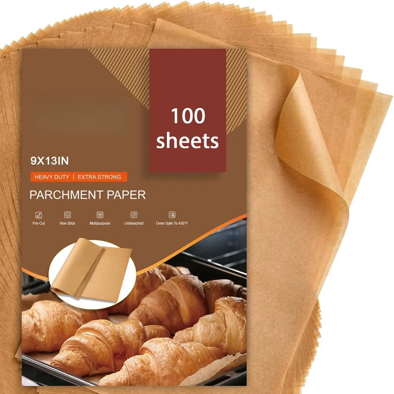 Unbleached Wood Pulp Parchment Paper Sheets - 9x13 in Precut Non-Stick Quarter Sheet, 100 Pcs for Baking, Grilling, Air Fryer Use
