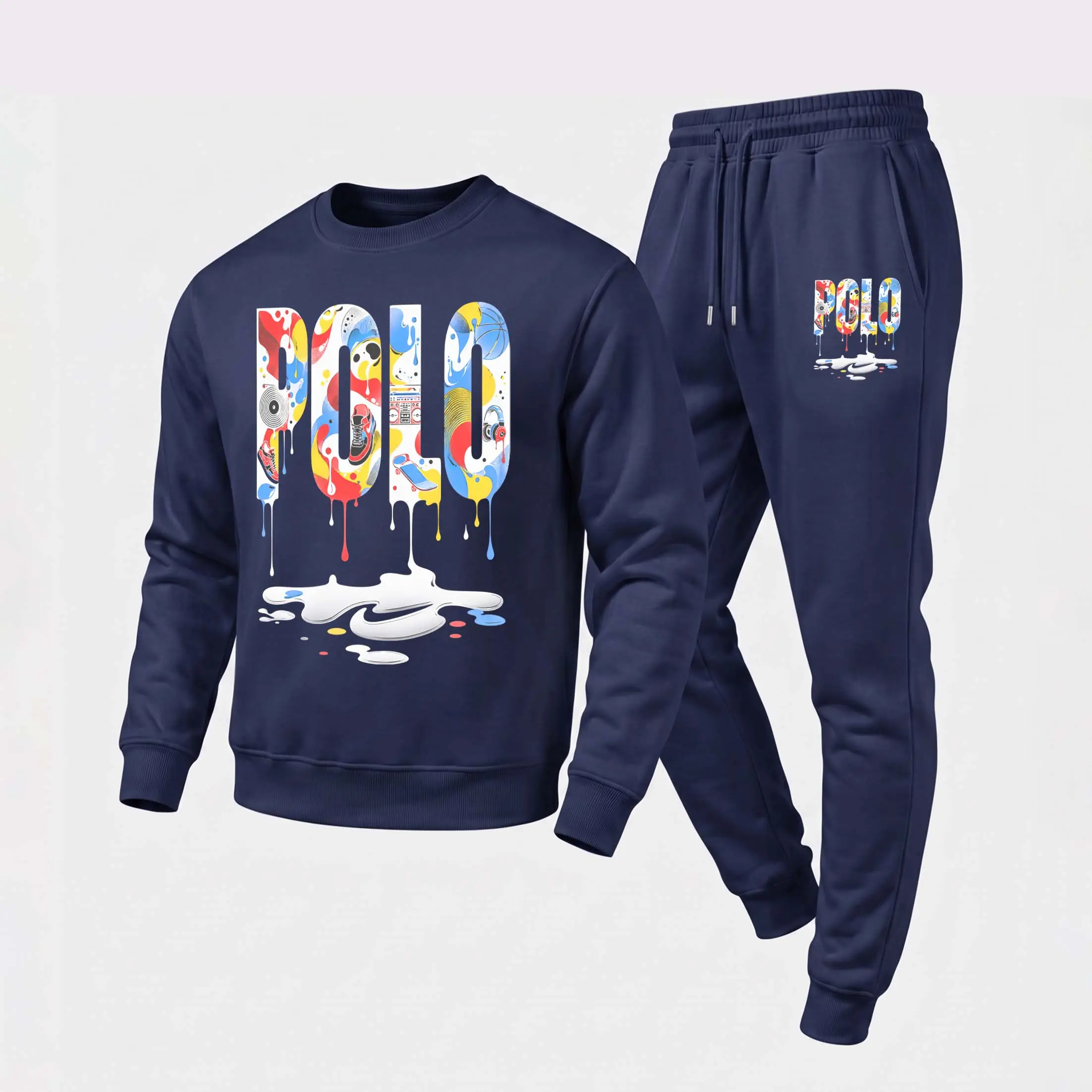 Men's Ink-Wash Style Font Graphic Crewneck Sweatshirt and Jogger Pants Set, Casual Long Sleeve Pullover with Drawstring Sweatpants, Fall Winter Tracksuit for Daily Wear, Travel, Lounge, Workout and Indoor Outdoor Activities
