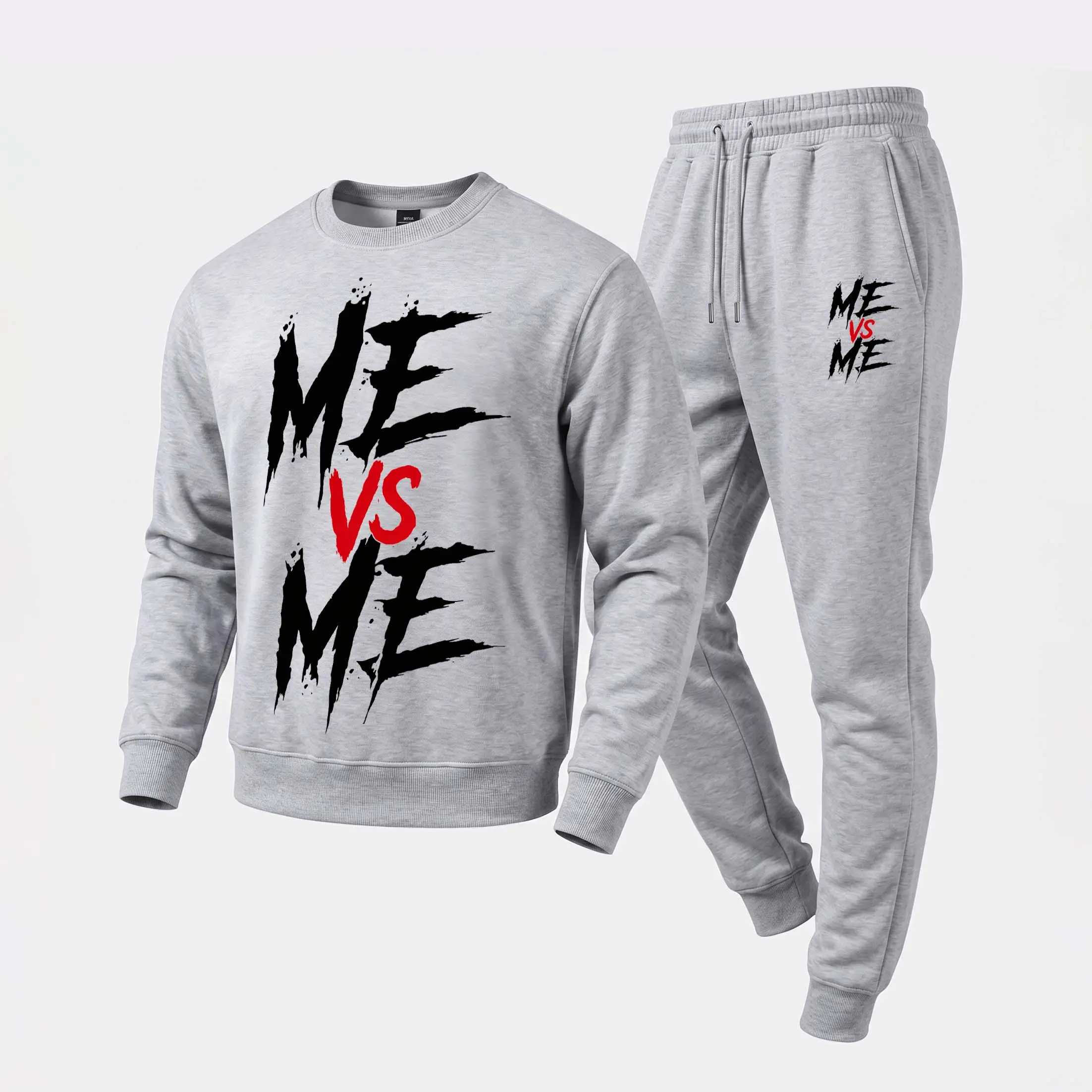 Men's Me Vs Me Graphic Crewneck Sweatshirt and Jogger Pants Set, Casual Long Sleeve Pullover with Drawstring Sweatpants, Fall Winter Tracksuit for Daily Wear, Travel, Lounge, Workout and Indoor Outdoor Activities