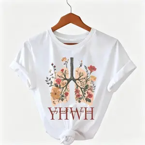T - Shirt with Spiritual Symbolism: Lungs Graphic Adorned with Flowers and the Text 'YHWH' for a Devotional Look